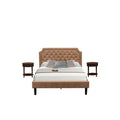 GB28Q-2HI0M 3-Pc Platform Queen Bed Set with Button Tufted Bedframe and 2 Antique Mahogany Mid Century Modern Nightstands - Brow