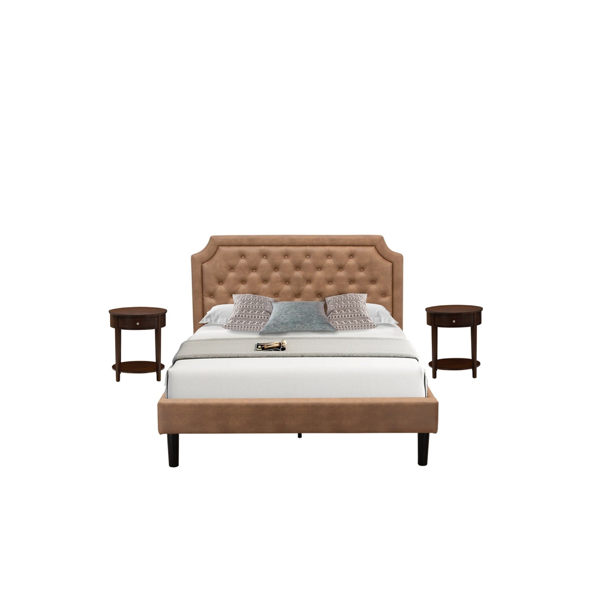 GB28Q-2HI0M 3-Pc Platform Queen Bed Set with Button Tufted Bedframe and 2 Antique Mahogany Mid Century Modern Nightstands - Brow