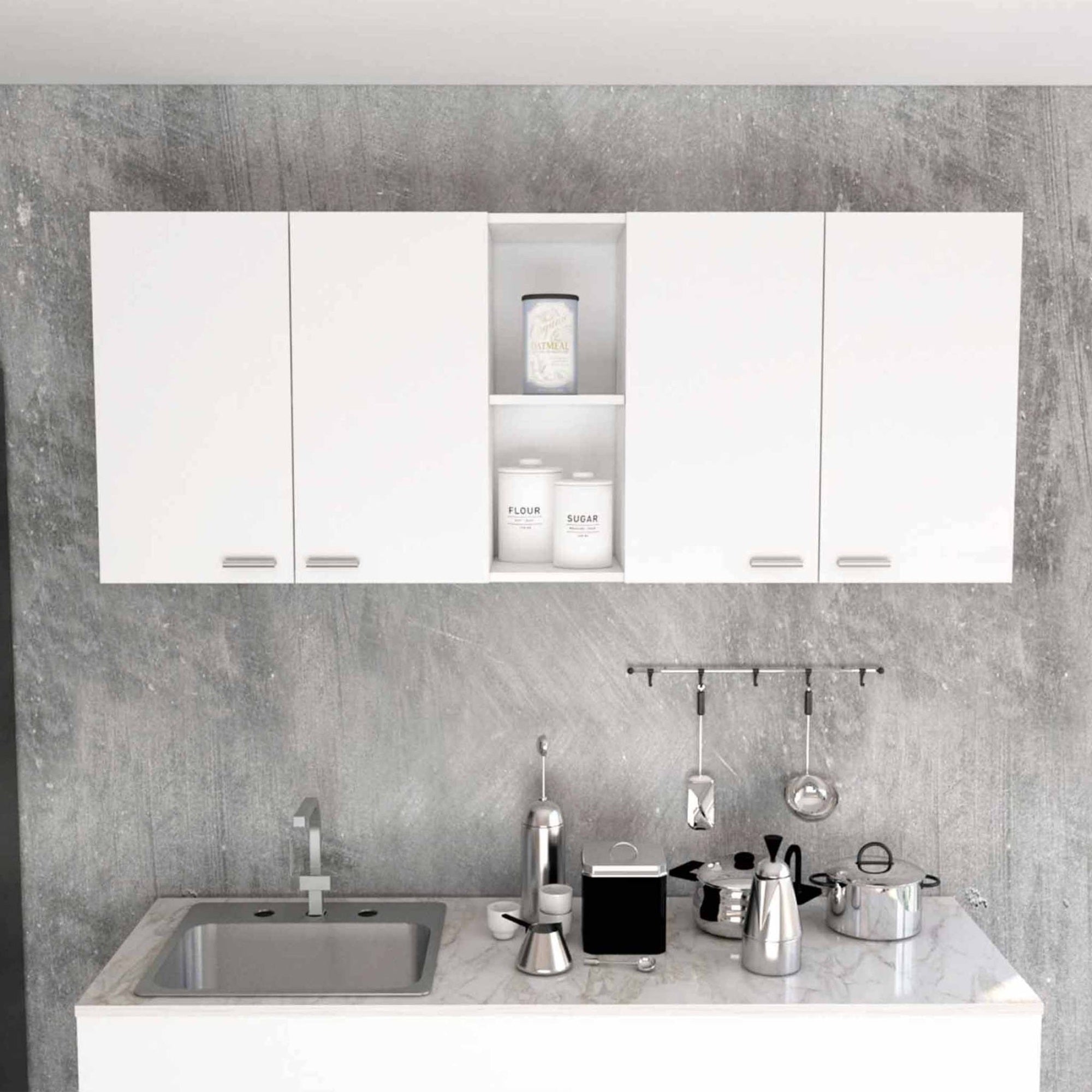 TUHOME Portofino 150 Wall Cabinet,  Double Two-Door Cabinet, Racks, Two External Shelves, Two Internal Shelves, White, For Kitch