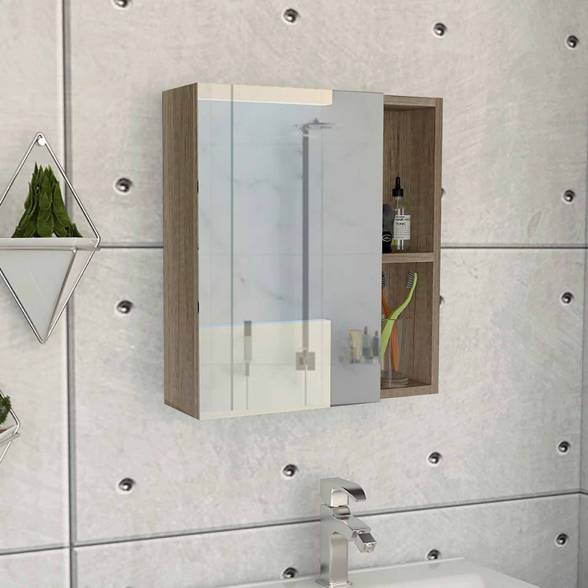 TUHOME Labelle Medicine Cabinet With Mirror, Five Internal Shelves, One Door Cabinet With Mirror, Weathered Oak, For Bathroom