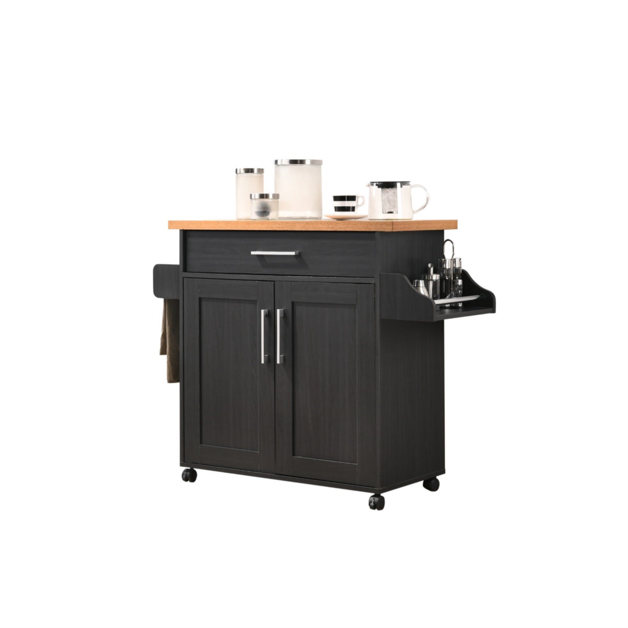 Hodedah Kitchen Island with Spice Rack plus Towel Holder in Black-Beech