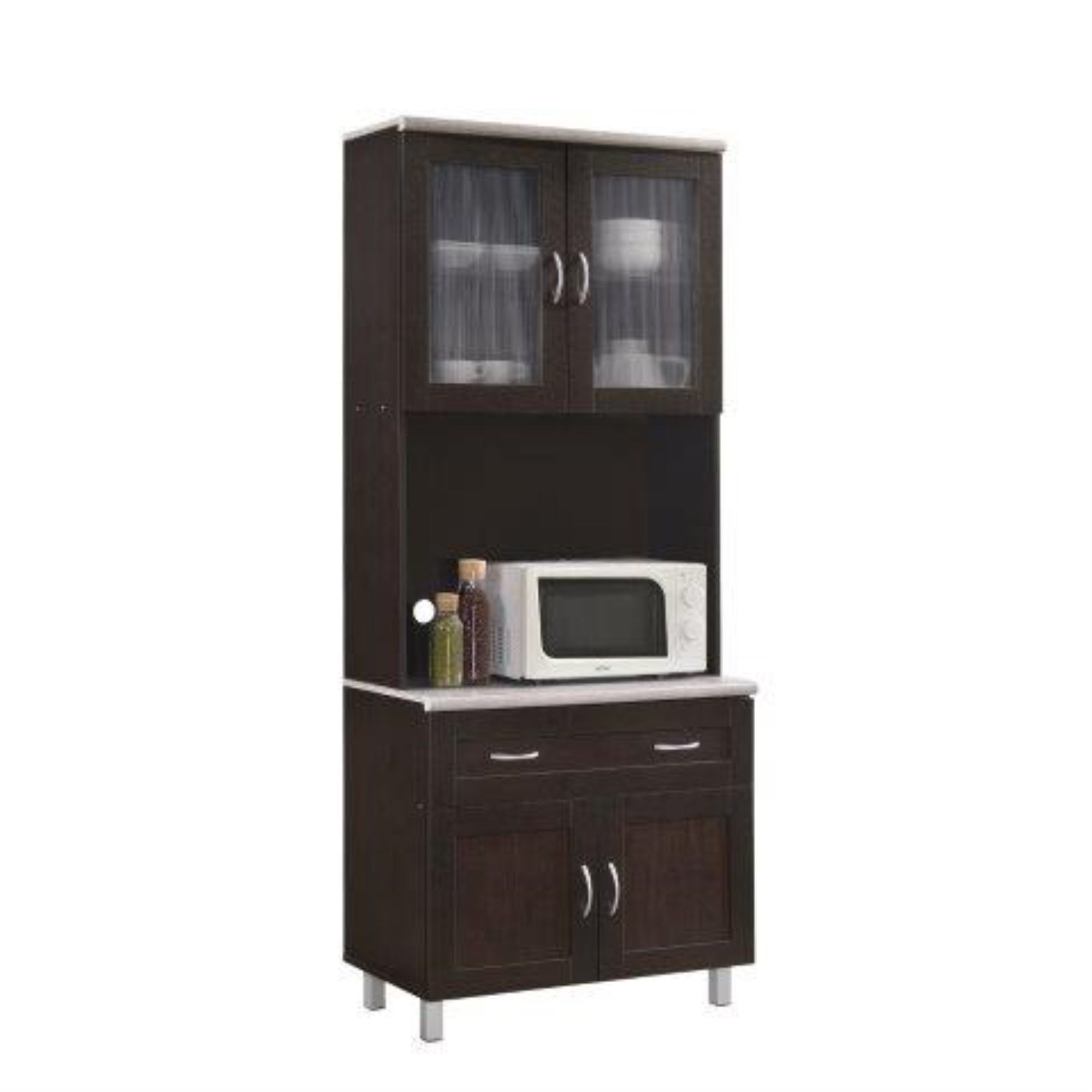 Hodedah Kitchen Cabinet with Top and Bottom Enclosed Cabinet Space in Chocolate-Grey