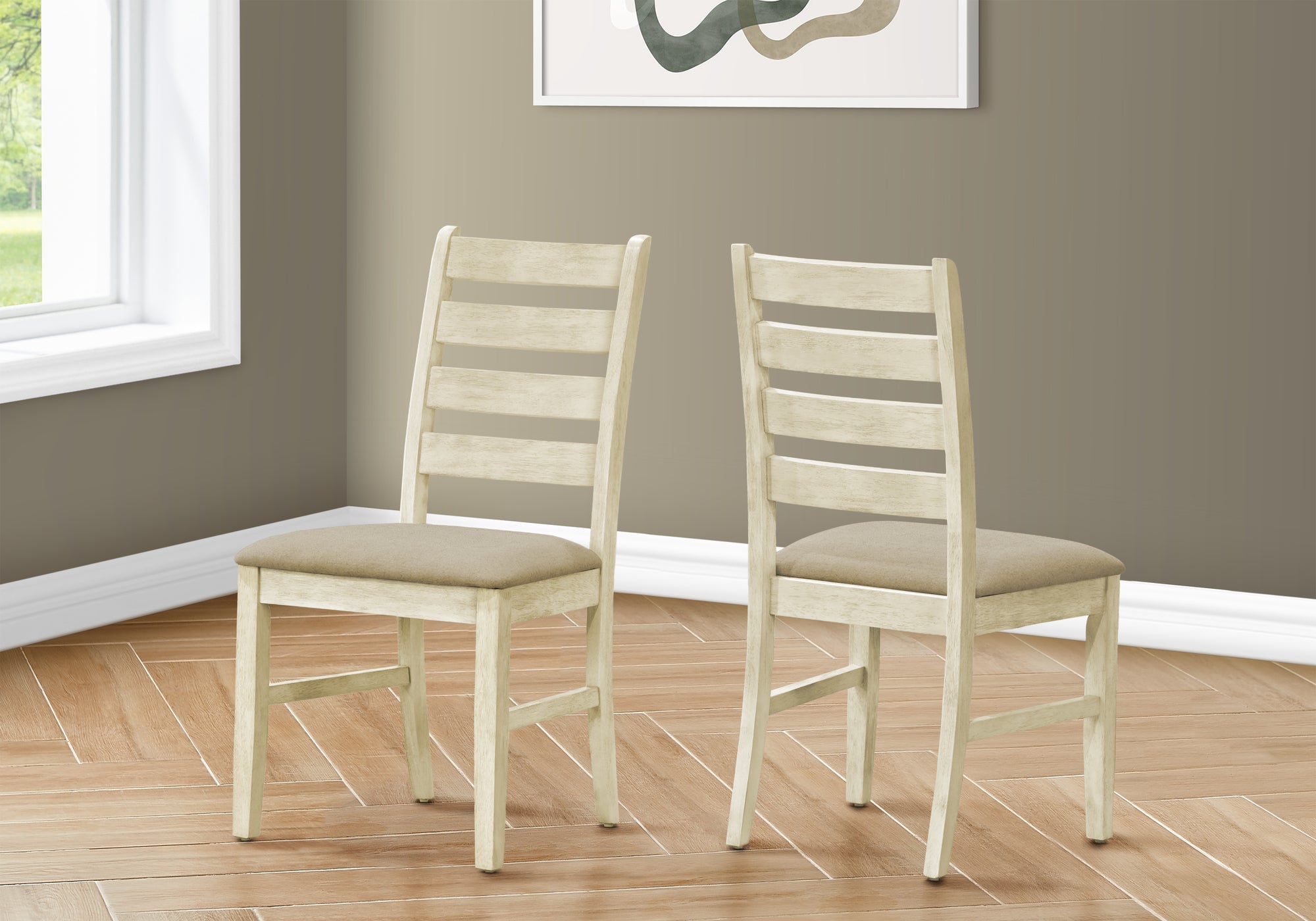Dining Chair, 38 Height, Dining Room, Kitchen, Set Of 2, Side, Upholstered, Antique White, Beige Linen Look, Transitional