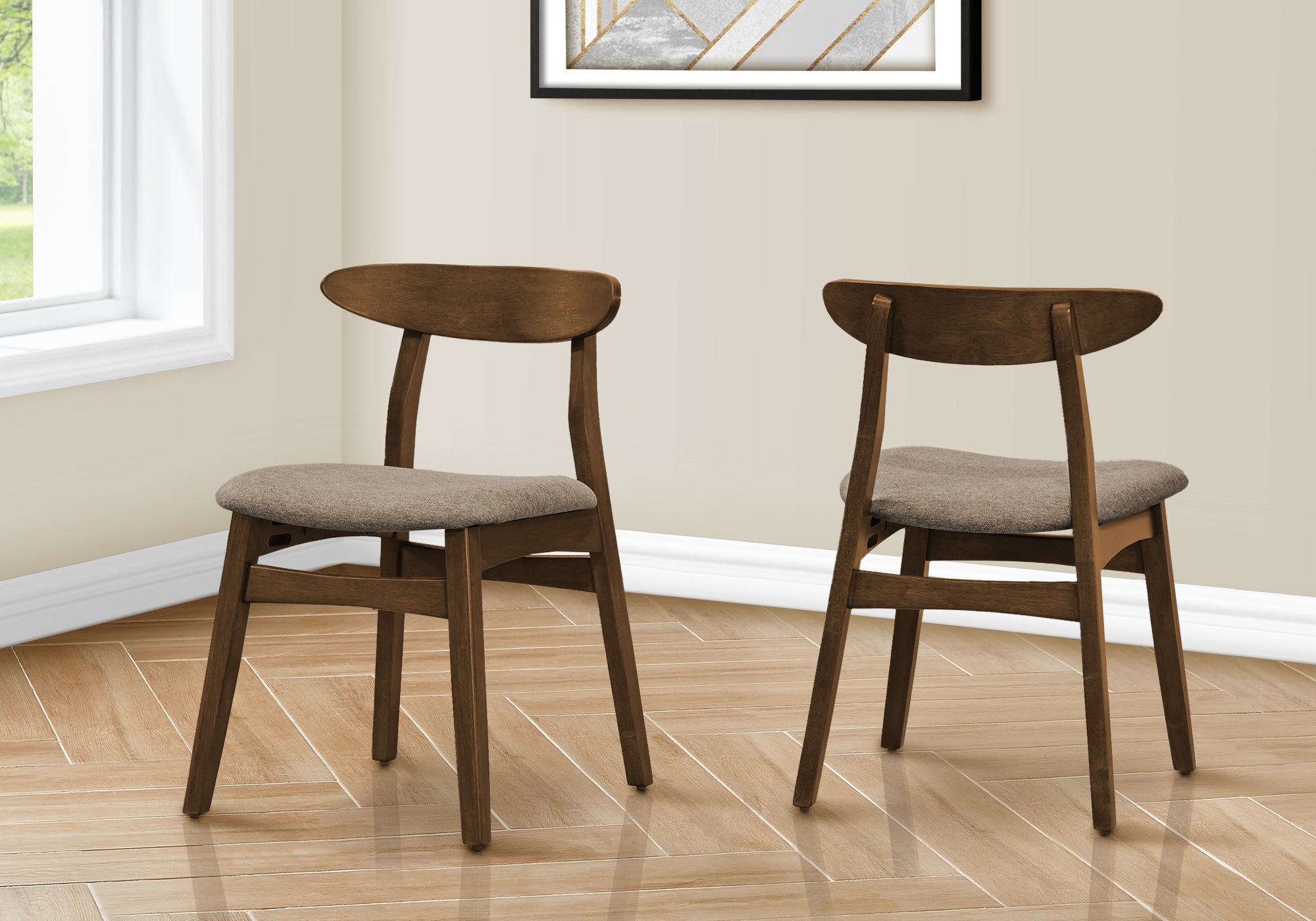 Dining Chair, 32 Height, Set Of 2, Side, Upholstered, Kitchen, Dining Room, Dark Walnut, Beige Fabric, Modern