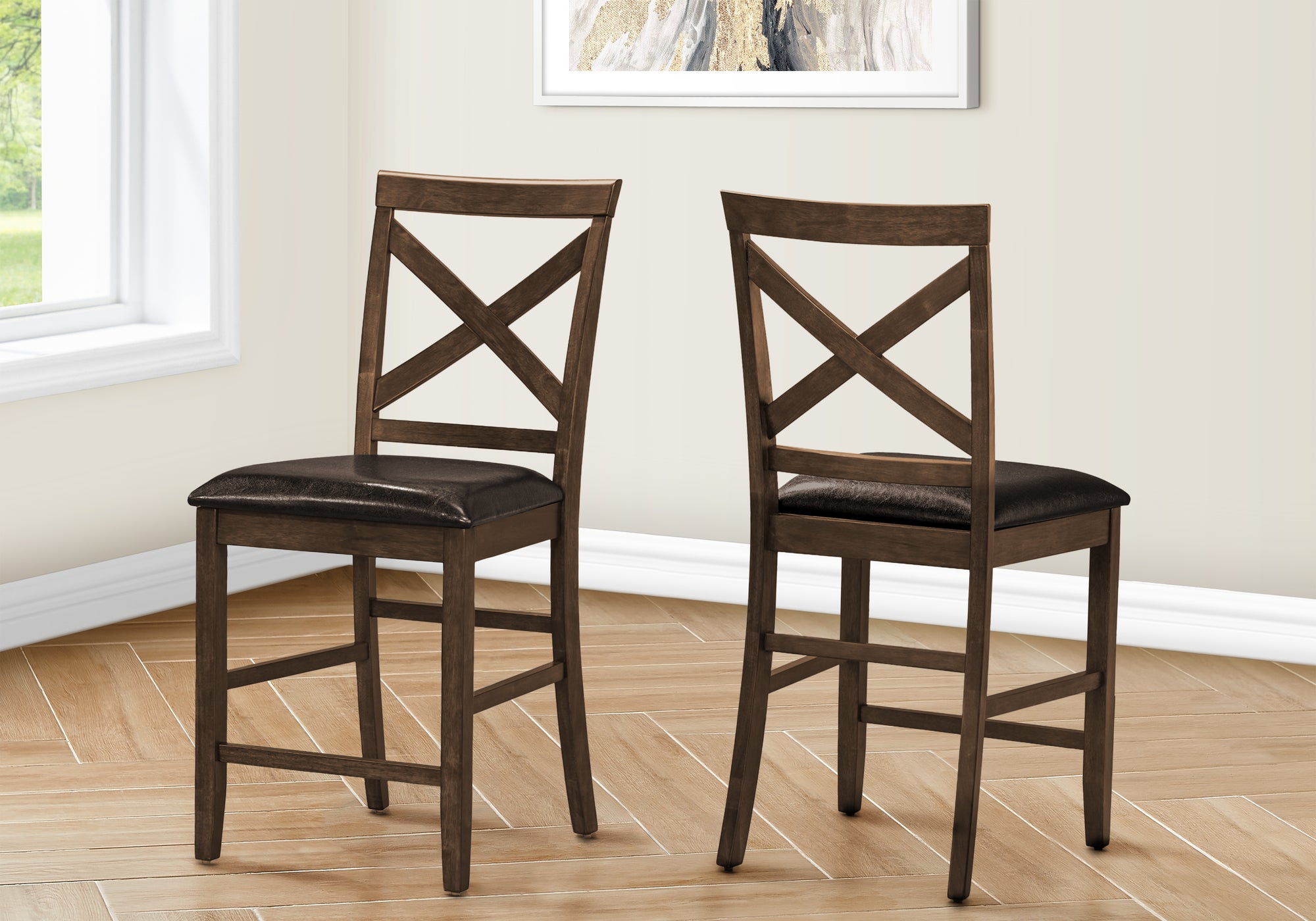 Dining Chair, 44 Height, Set Of 2, Side, Upholstered, Counter Height, Dining Room, Kitchen, Dark Walnut, Brown Leather Look, Tra