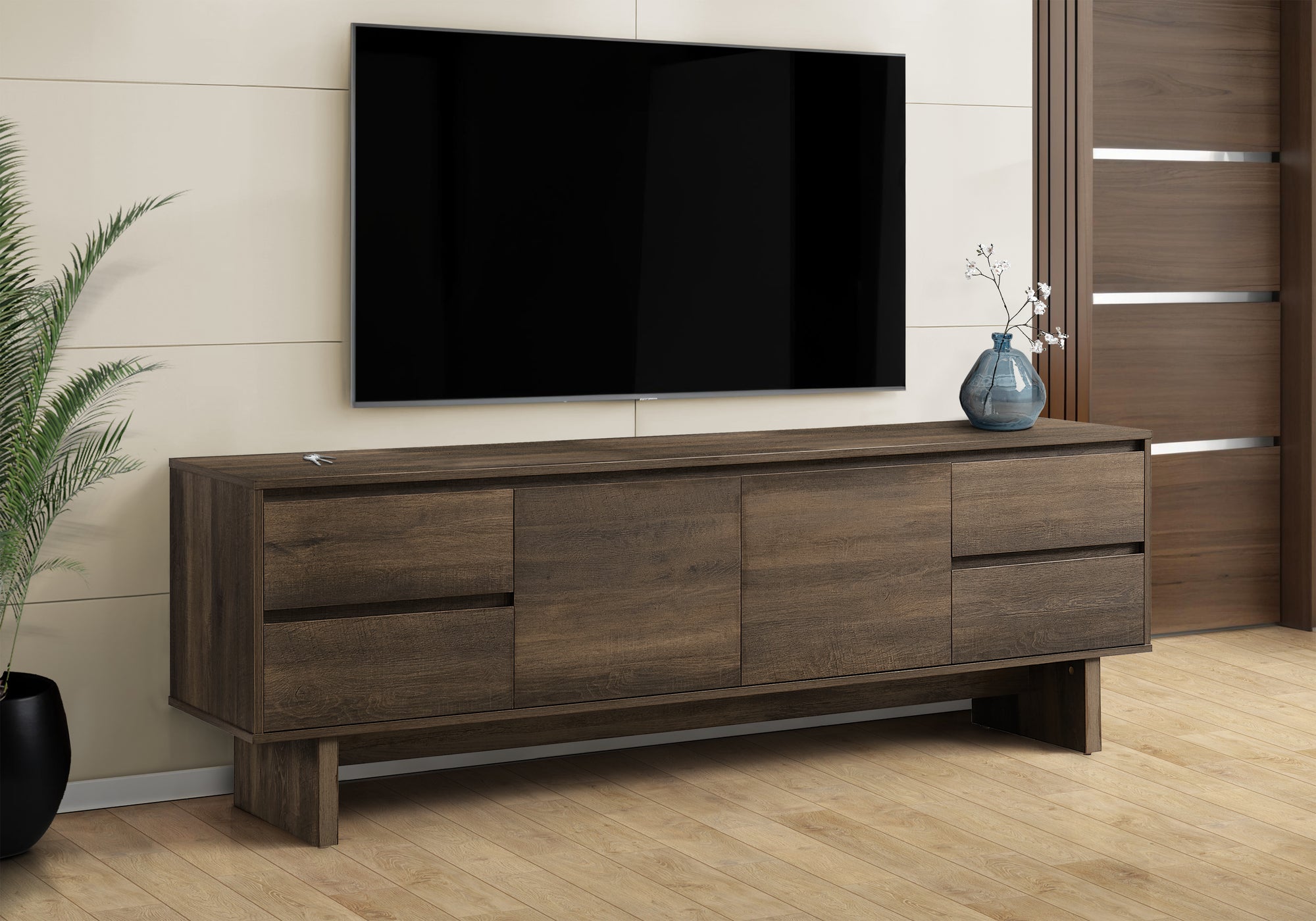 Tv Stand, 72 Inch, Console, Media Entertainment Center, Storage Drawers, Storage Cabinet, Brown Laminate, Transitional