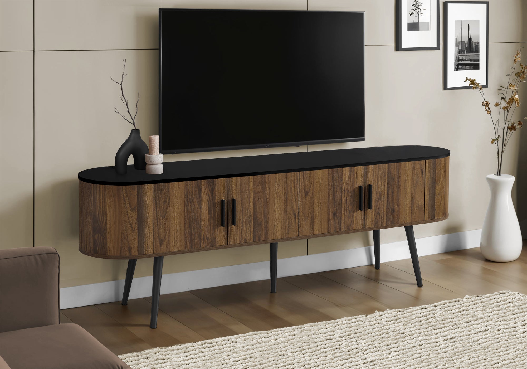 Tv Stand, 72 Inch, Console, Bedroom, Living Room, Media Entertainment Center, Storage Cabinet, Walnut Laminate, Black Laminate, 