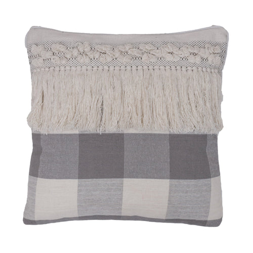 18x18 Grey Plaid Fringe Cotton Pillow