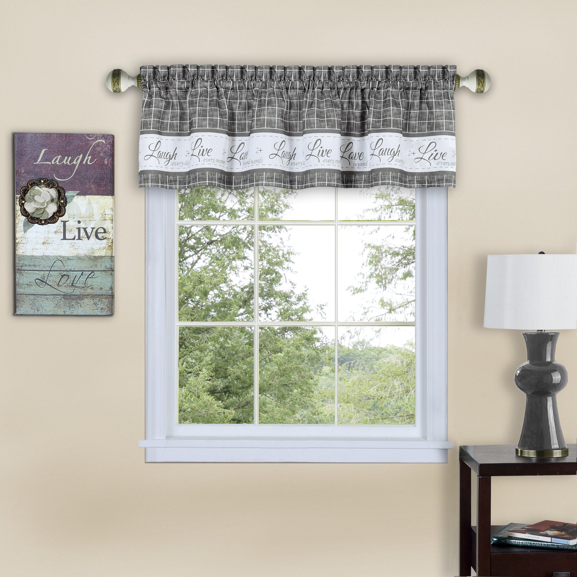 Soft Valance Window Curtains - 58 Inch Width, 14 Inch Length - Live, Love Laugh (Grey) - Wrinkle-Free Light Filtering Polyester 
