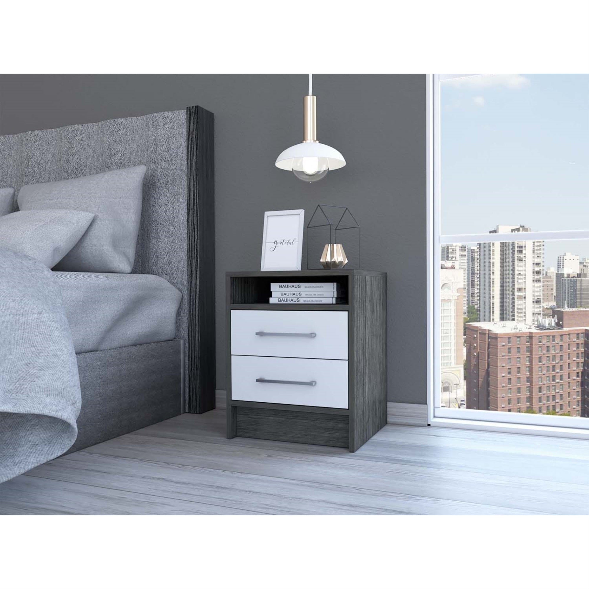 TUHOME Eter Nightstand, Countertop, Two Drawers, Smoky Oak/White, For Bedroom