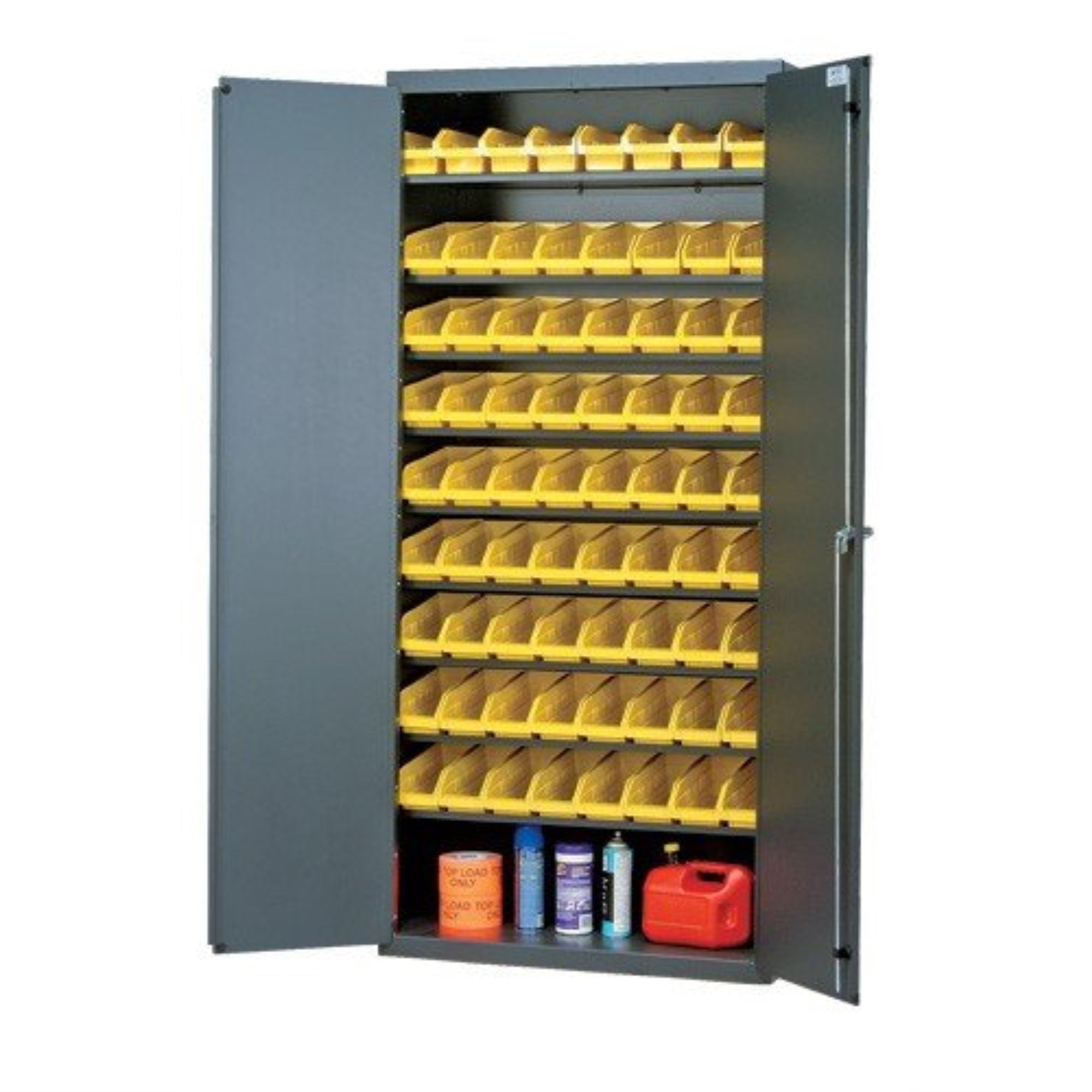 Heavy-Duty 36 Bin Cabinet, 36W x 18D x 78H, 400 lb. capacity per shelf, 14 gauge all welded construction, includes: (8) slopped 
