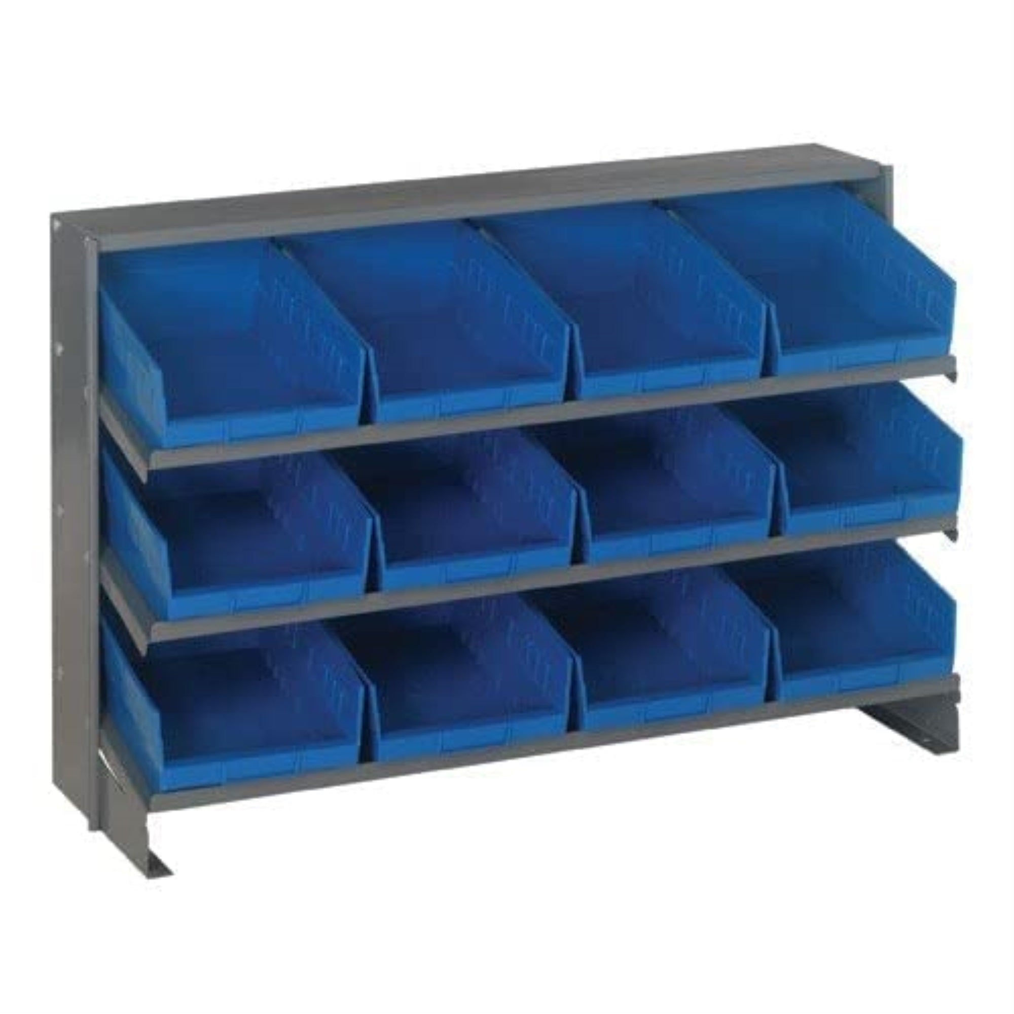 Pick Rack, slopped, bench style, 12-1/2L x 36W x 23H, 250 lbs. capacity, (3) shelves configuration, includes: (12) QSB107 blue b