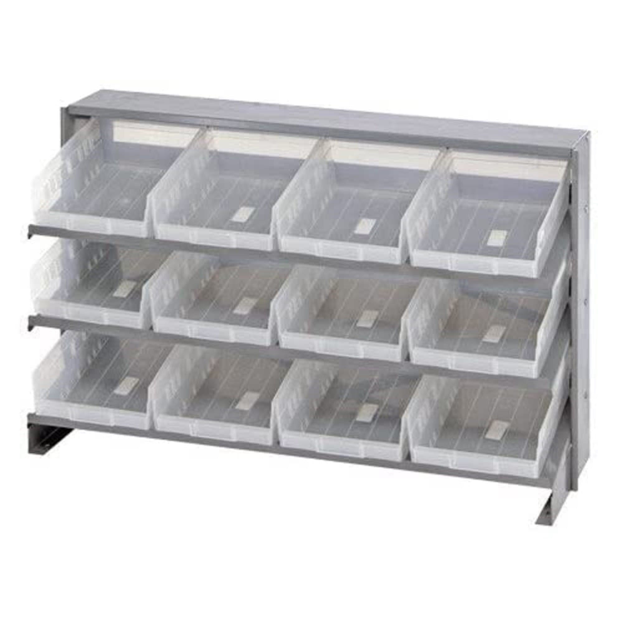Pick Rack, slopped, bench style, 12-1/2L x 36W x 23H, 250 lbs. capacity, (3) shelves configuration, includes: (12) QSB107 clear 