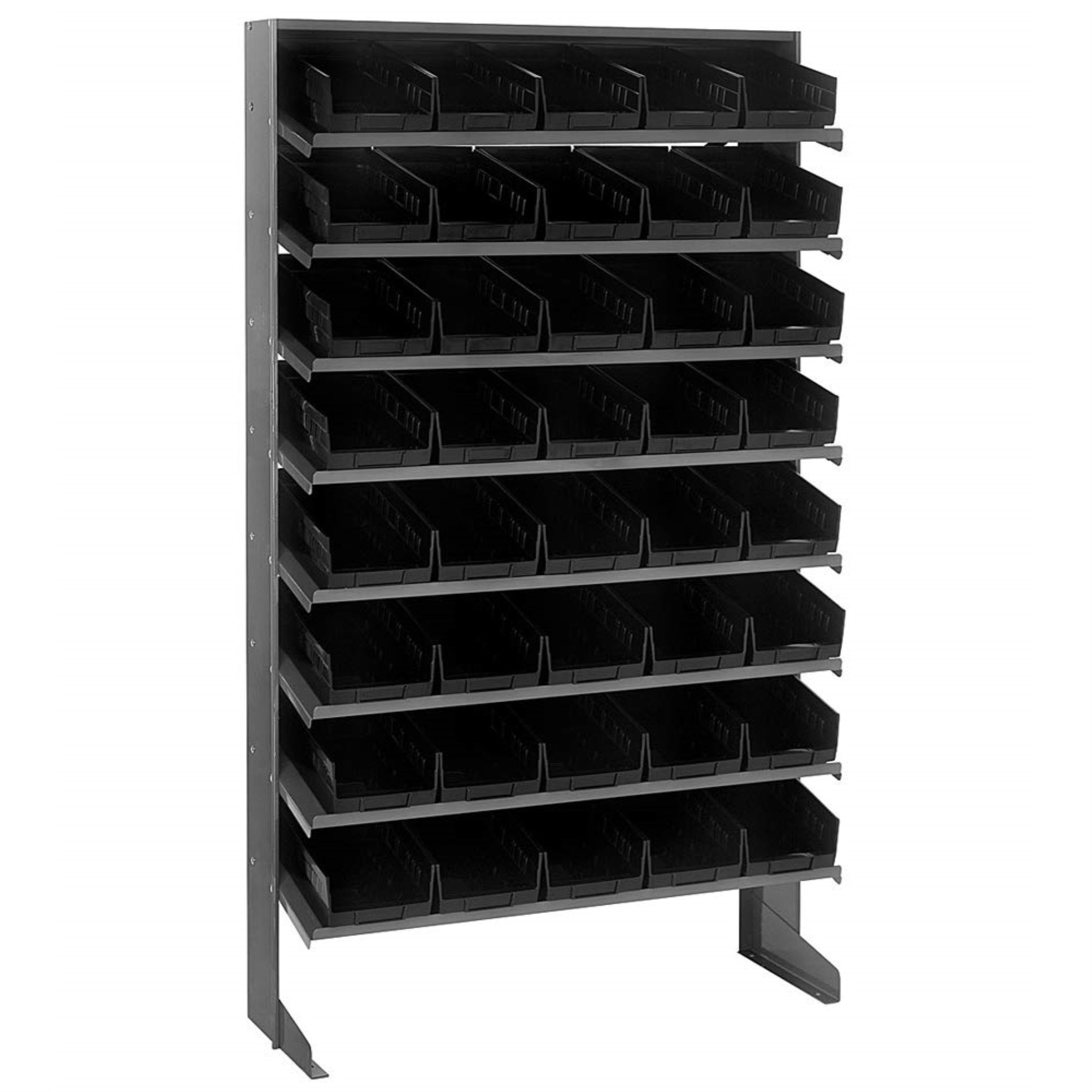 Pick Rack, slopped, single sided, 12D x 36W x 60H, 400 lbs. capacity, includes: (8) shelves and (40) QSB102 black bins, galvaniz