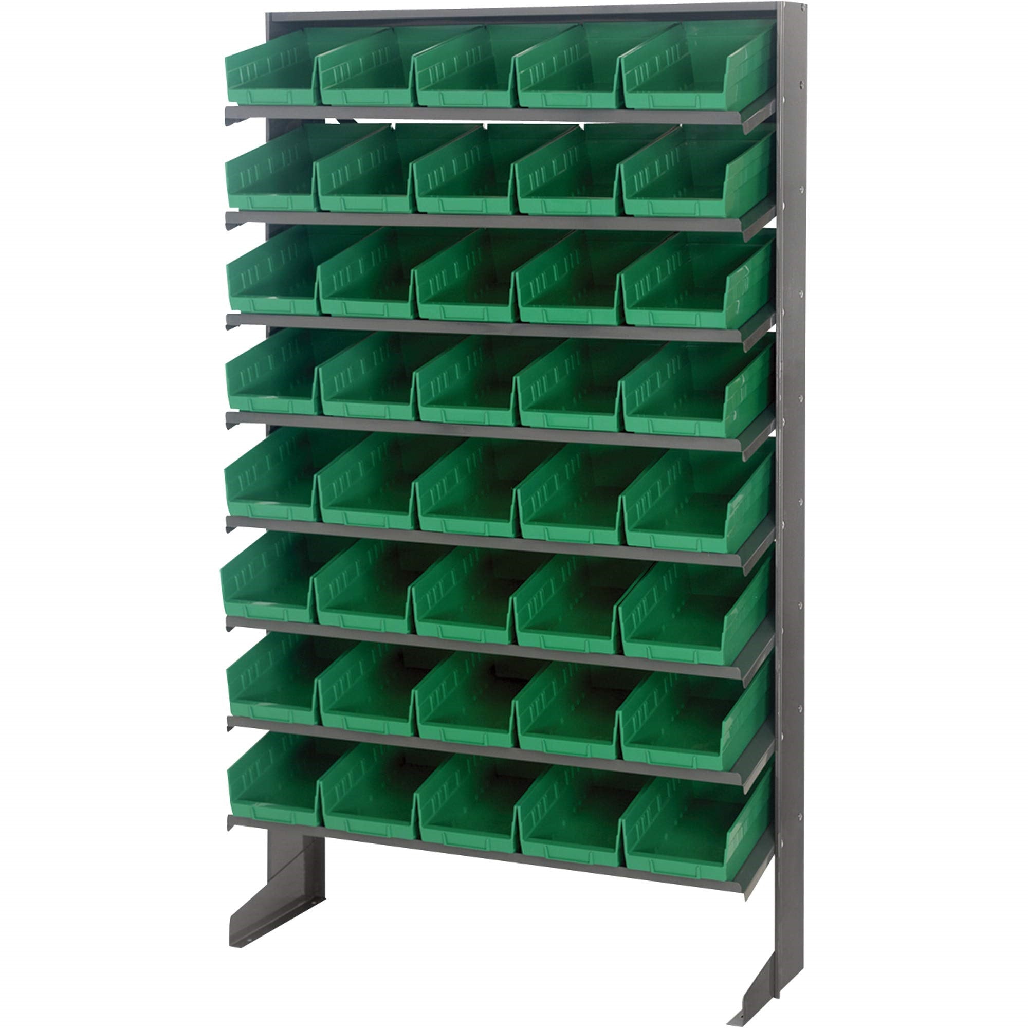 Pick Rack, slopped, single sided, 12D x 36W x 60H, 400 lbs. capacity, includes: (8) shelves and (40) QSB102 green bins, galvaniz