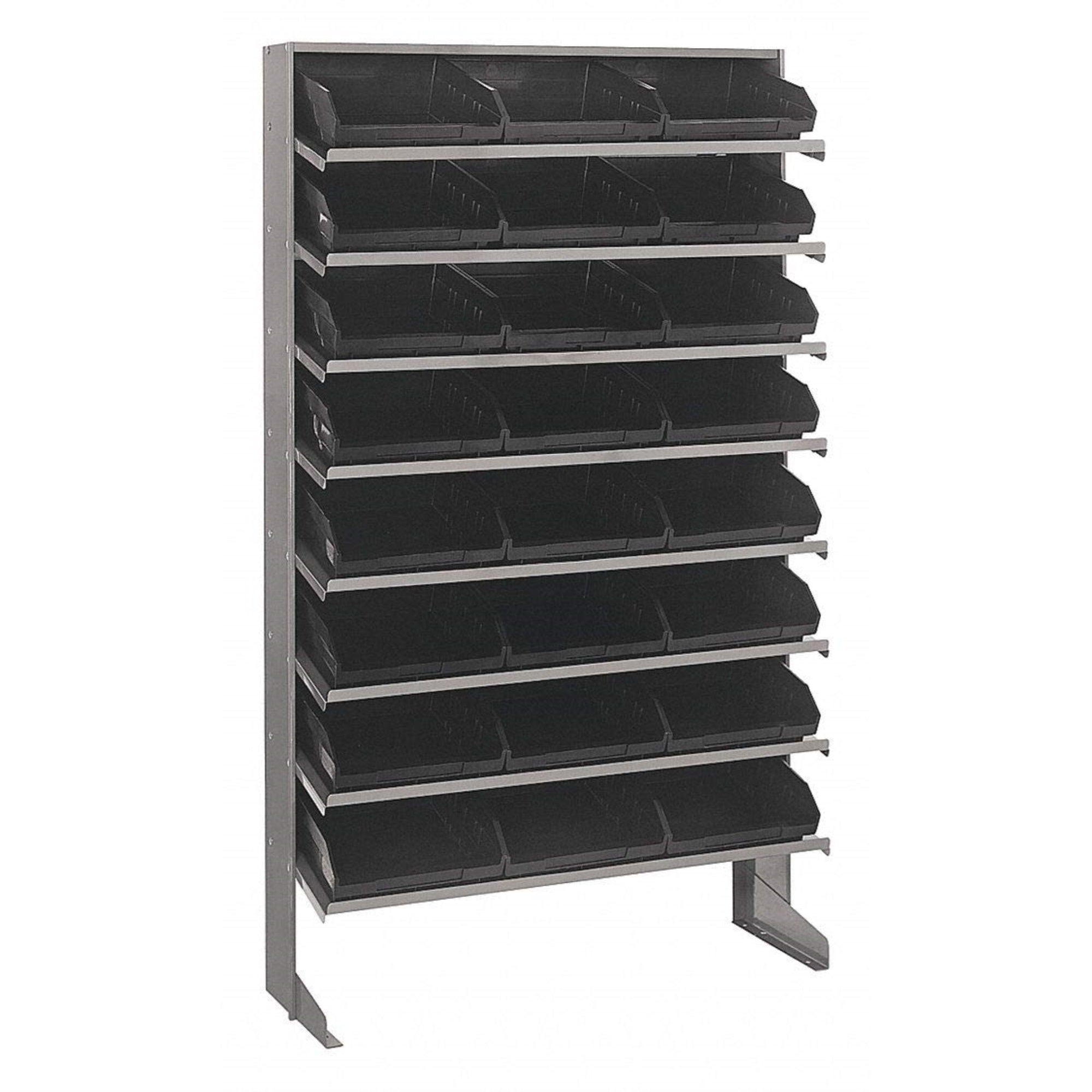 Pick Rack, slopped, single sided, 12D x 36W x 60H, 400 lbs. capacity, includes: (8) shelves and (24) QSB109 black bins, galvaniz