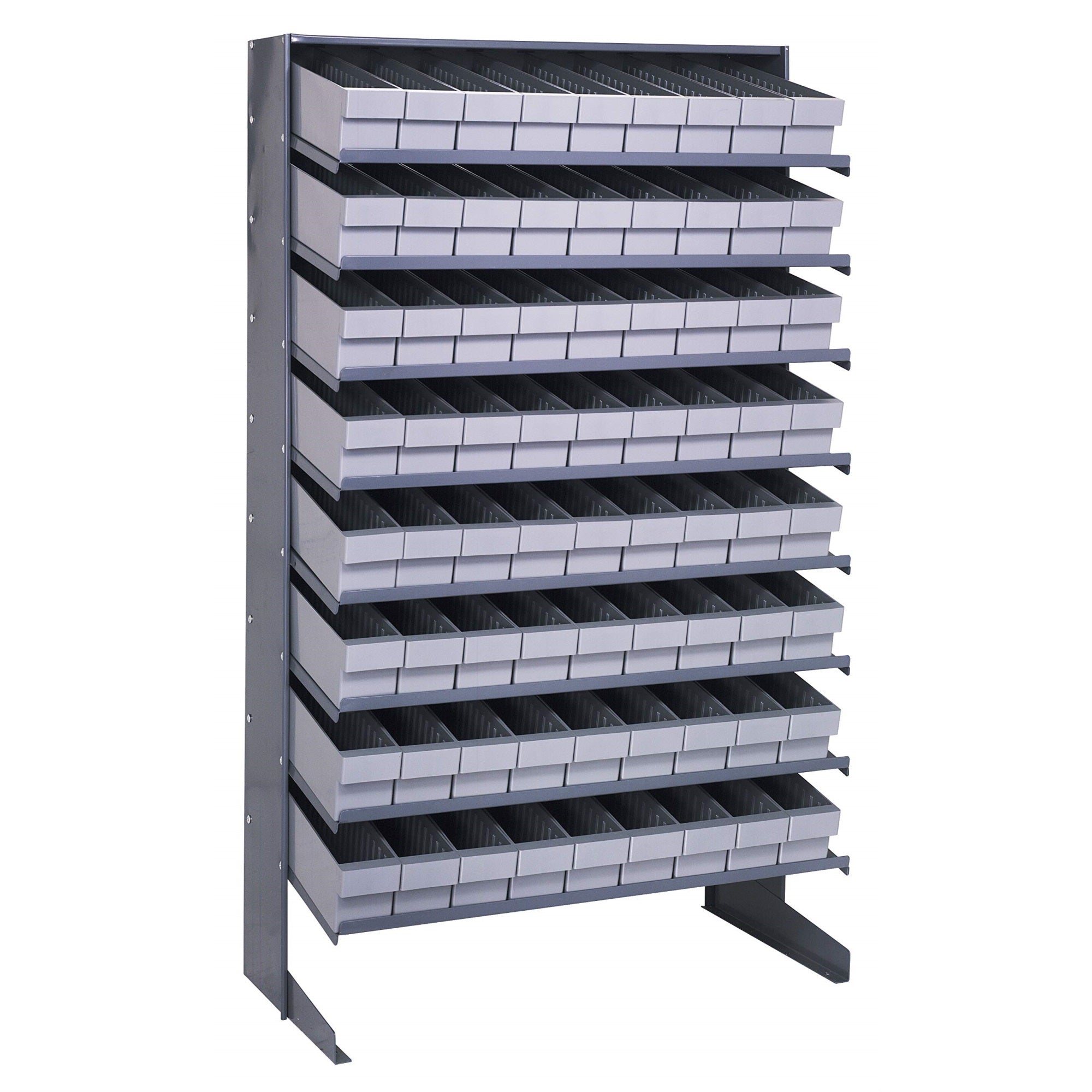 Pick Rack, slopped, single sided, 18D x 36W x 60H, 400 lbs. capacity, includes: (8) shelves and (72) QED604 gray bins, galvanize