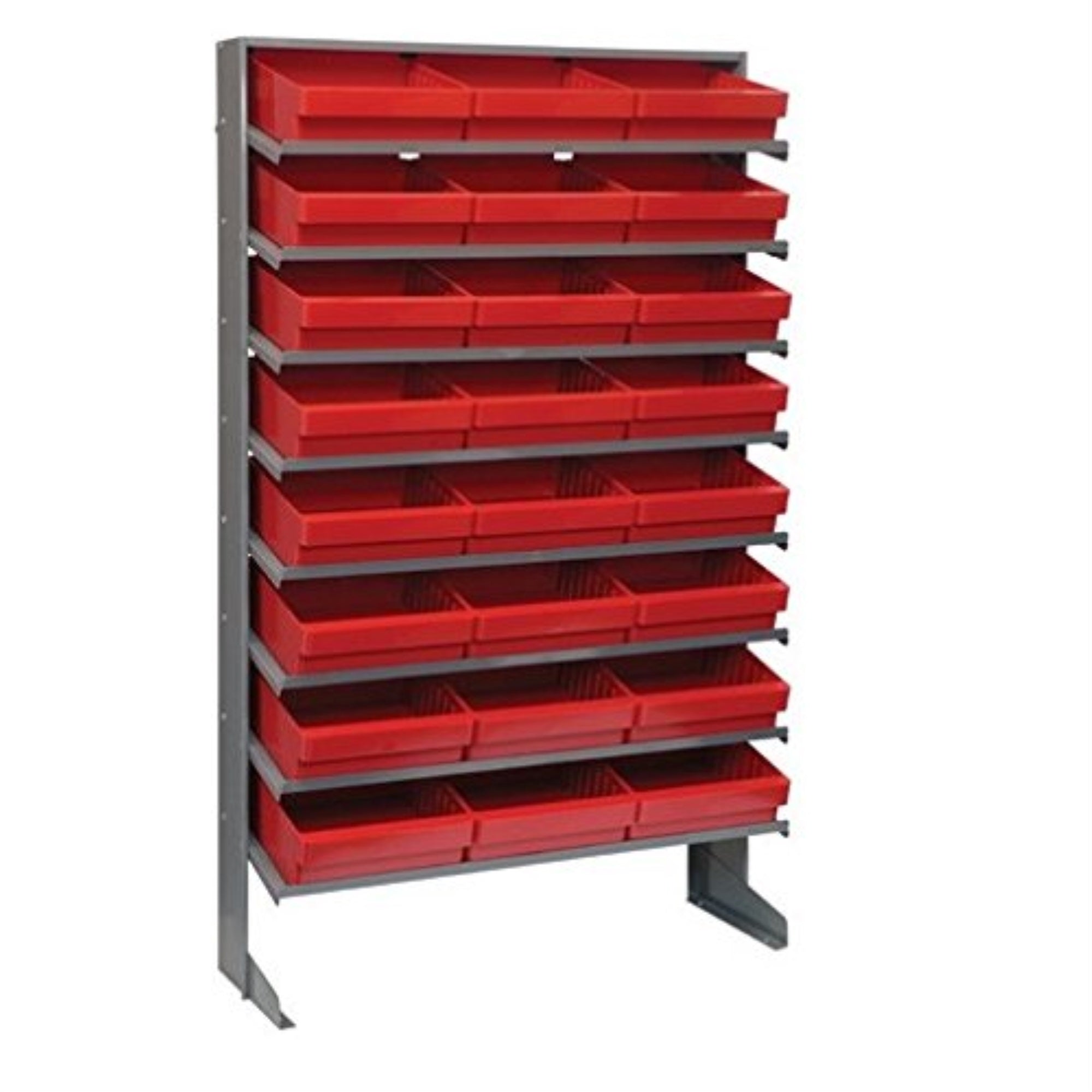 Pick Rack, slopped, single sided, 12D x 36W x 63-1/2H, 400 lbs. capacity, includes: (8) shelves and (24) QED801 red bins, galvan