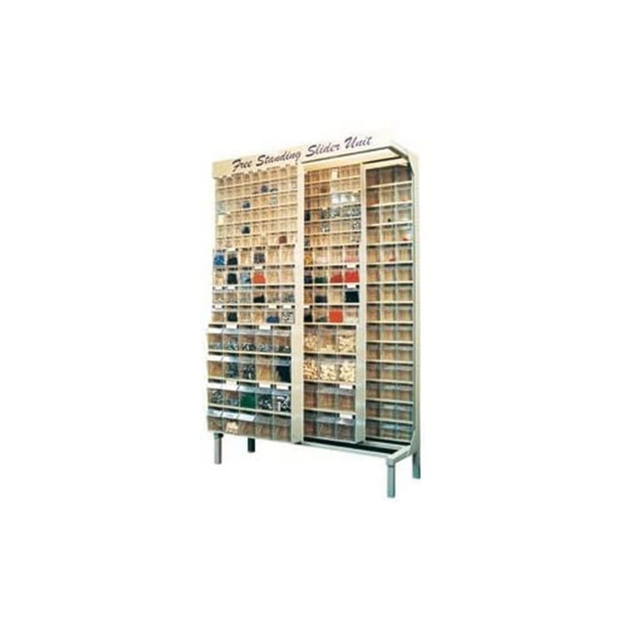 Free Standing Slider, 18D x 48W x 77H, 2000 lbs load capacity, made of though 14 gauge steel, includes: (8) QTB305, (36) QTB306 
