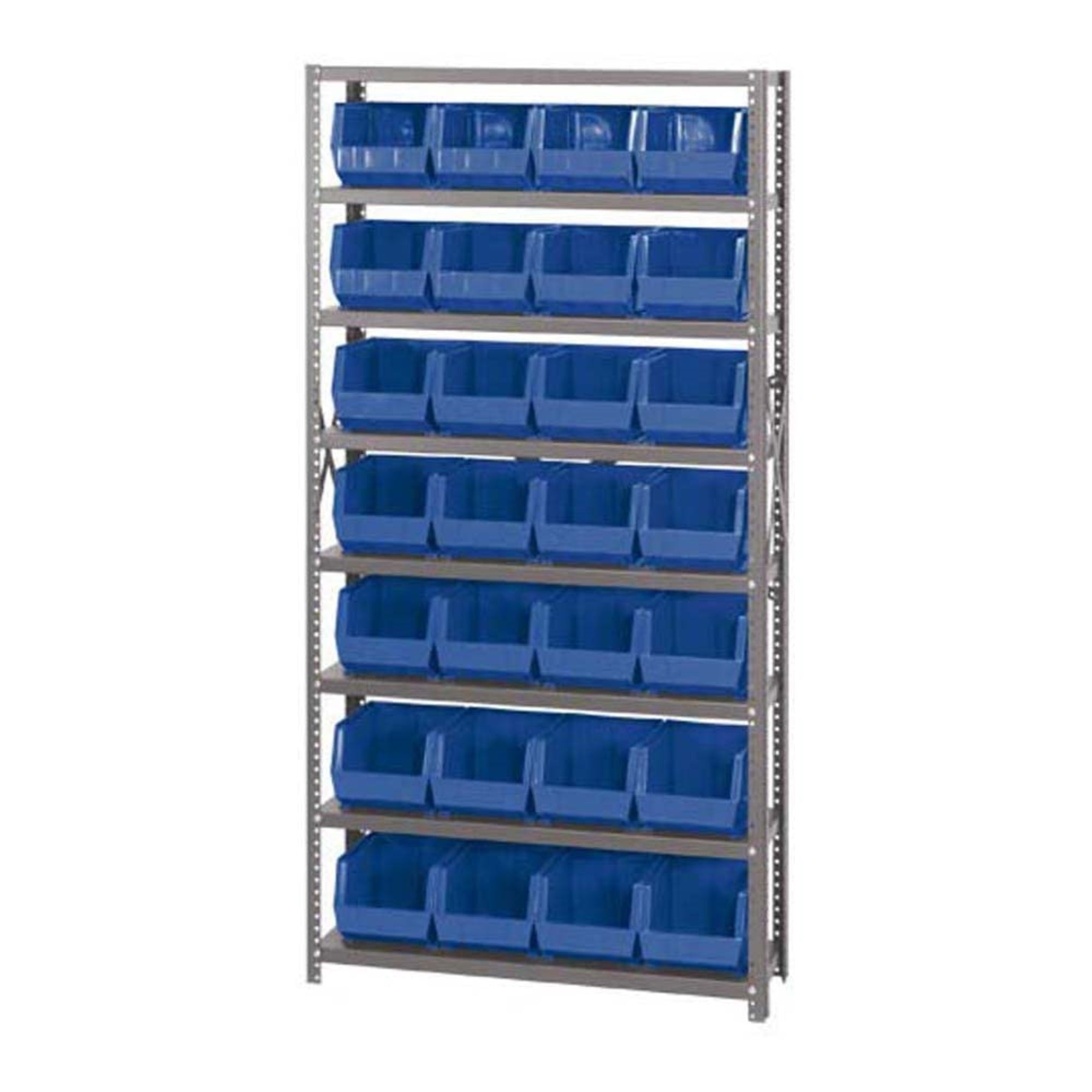 Shelving Unit, 12D x 36L x 75H, heavy duty, 400 lb. load capacity per shelf, includes: (8) shelves and (28) QUS239 blue bins, up