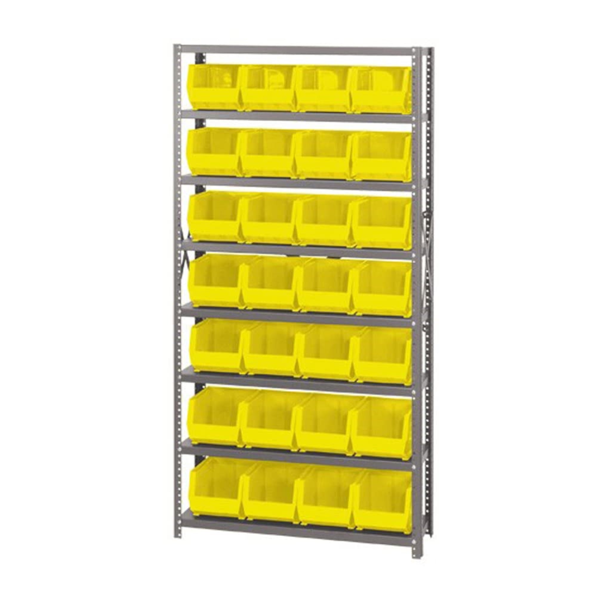 Shelving Unit, 12D x 36L x 75H, heavy duty, 400 lb. load capacity per shelf, includes: (8) shelves and (28) QUS239 yellow bins, 
