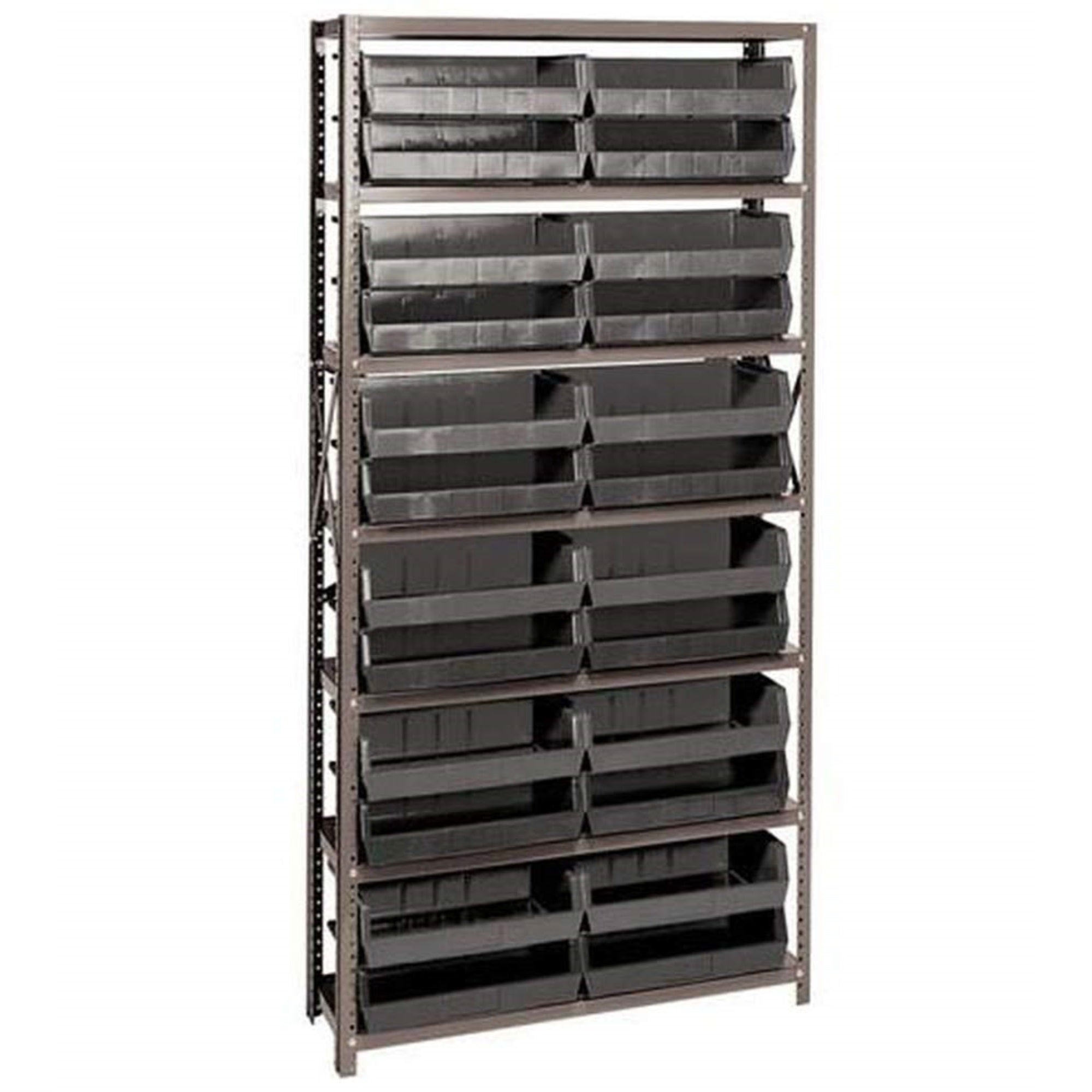 Shelving Unit, 12D x 36L x 75H, heavy duty, 400 lb. load capacity per shelf, includes: (7) shelves and (24) QUS245 black bins, u