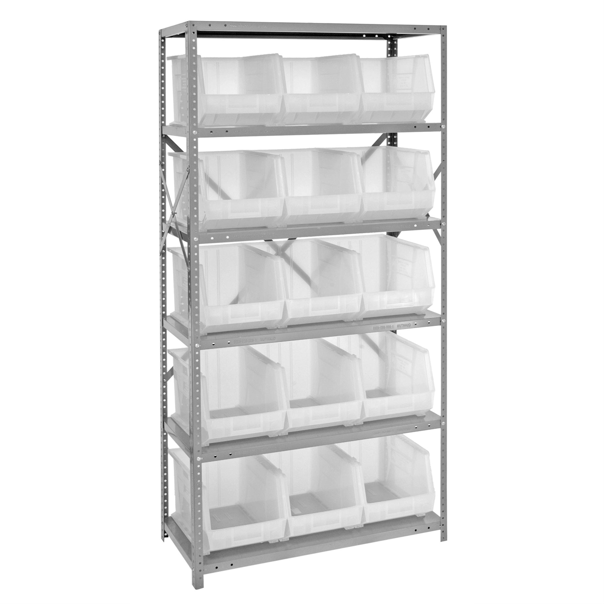 Shelving Unit, 18D x 36L x 75H, heavy duty, 400 lb. load capacity per shelf, includes: (6) shelves and (15) QUS260 clear bins, u