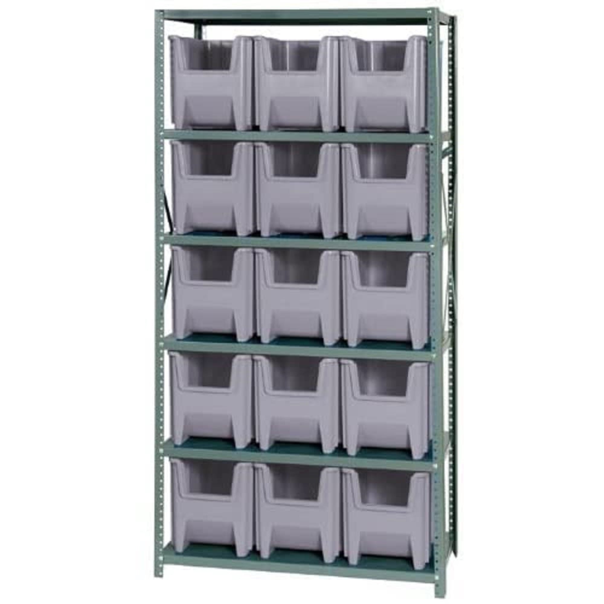 Shelving Unit, 18D x 36L x 75H, heavy duty, 400 lb. load capacity per shelf, includes: (6) shelves and (15) QGH600 gray bins, up