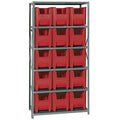 Shelving Unit, 18D x 36L x 75H, heavy duty, 400 lb. load capacity per shelf, includes: (6) shelves and (15) QGH600 red bins, upr