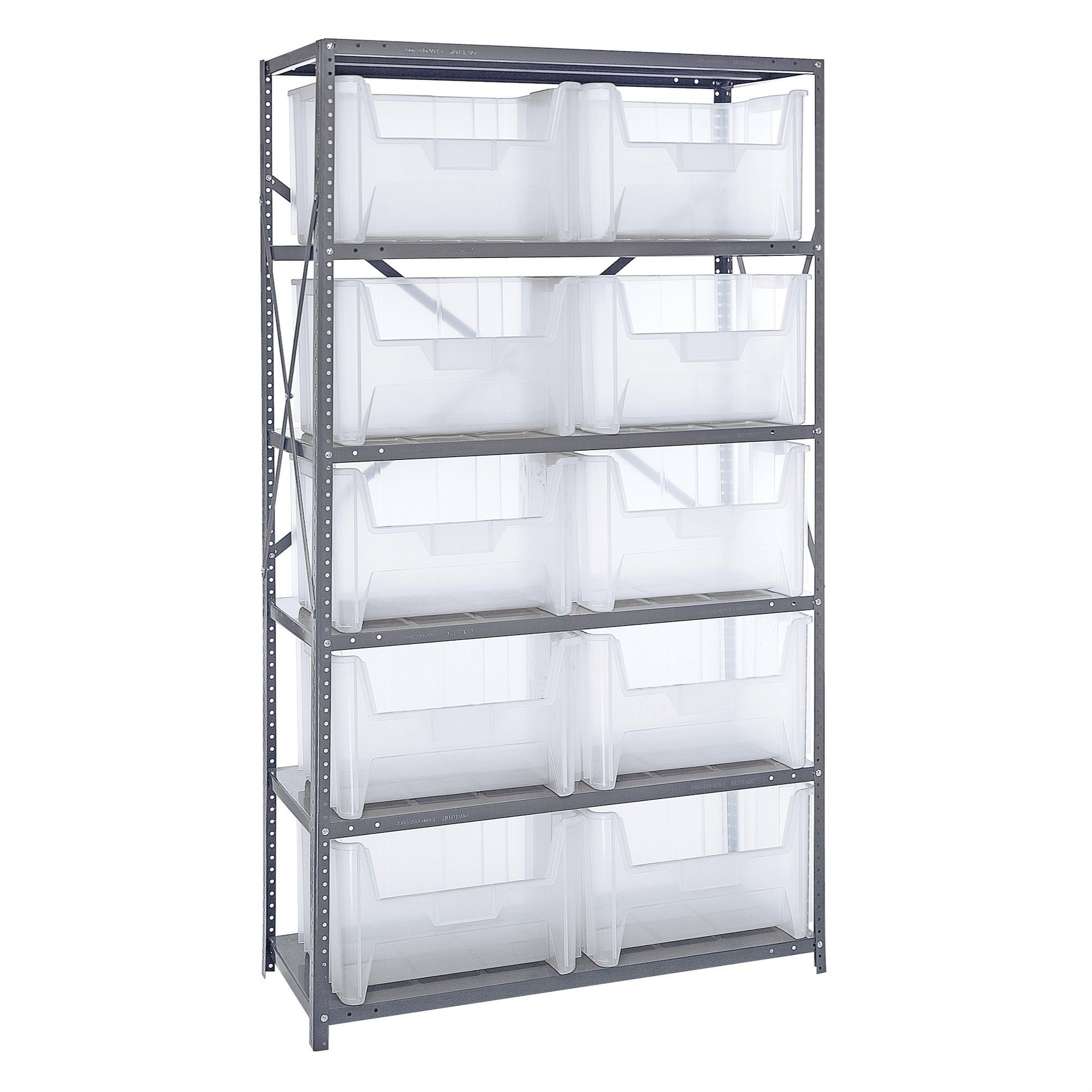 Shelving Unit, 18D x 42L x 75H, heavy duty, 400 lb. load capacity per shelf, includes: (6) shelves and (10) QGH700 clear bins, u
