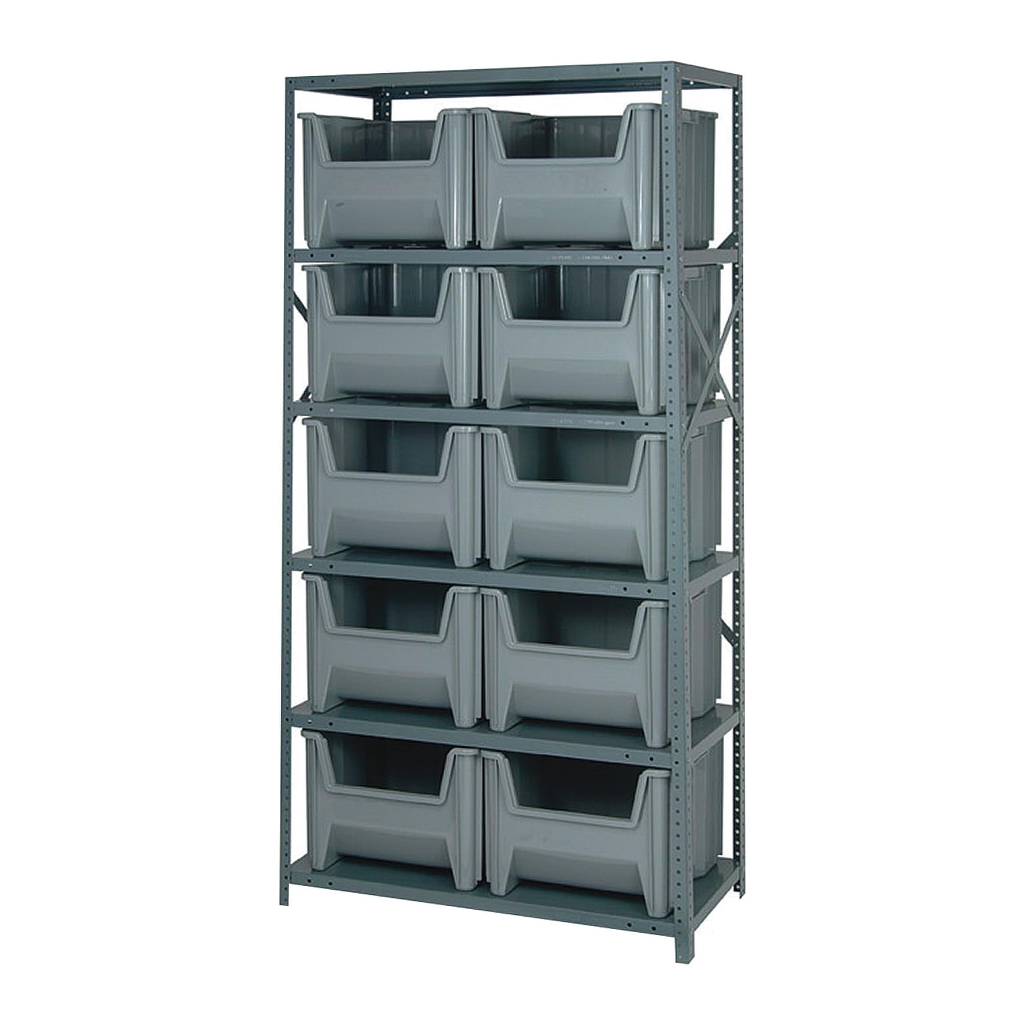 Shelving Unit, 18D x 36L x 75H, heavy duty, 400 lb. load capacity per shelf, includes: (6) shelves and (10) QGH800 red bins, upr