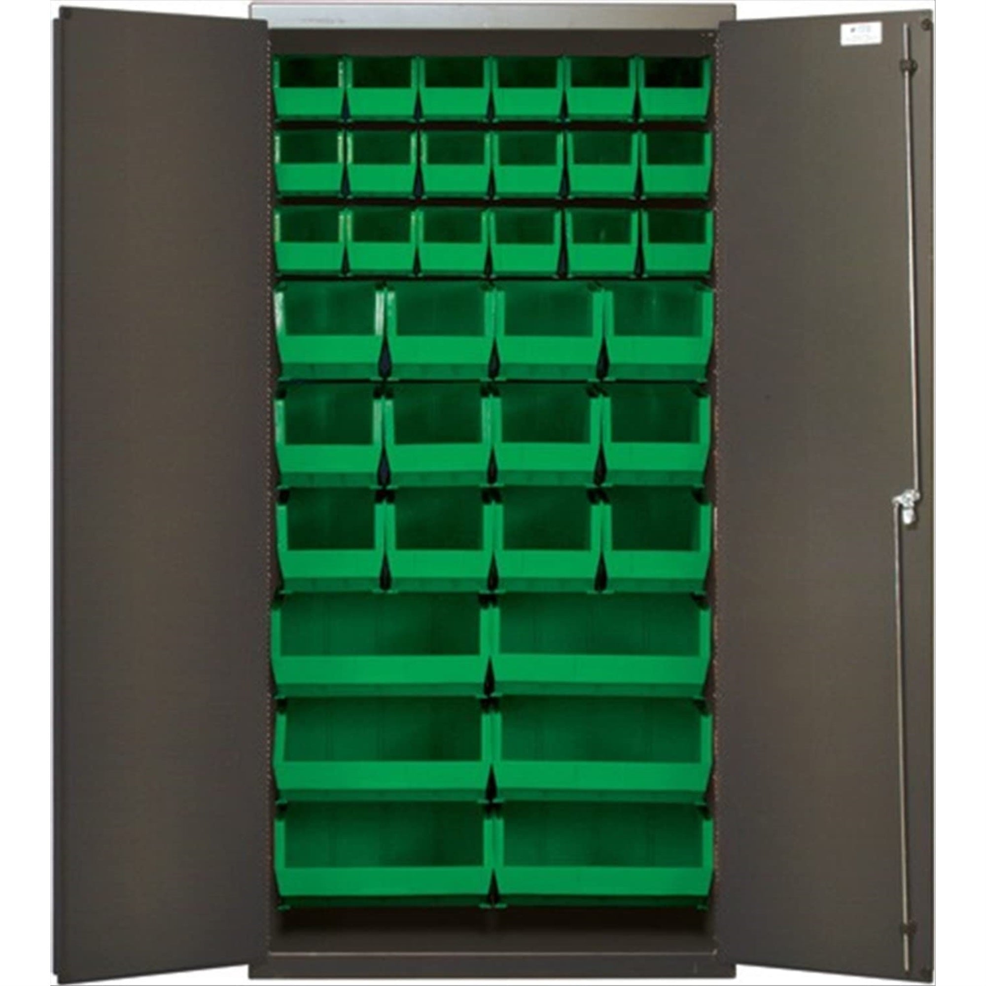 Heavy-Duty 36 Bin Cabinet, 36W x 18D x 72H, 14 gauge all welded construction, includes: (18) QUS230, (12) QUS240 and (6) QUS250 