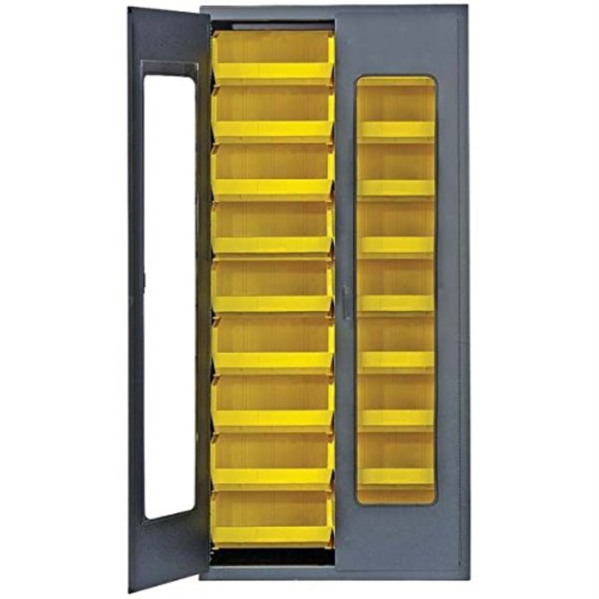 Heavy-Duty 36 Bin Cabinet, 36W x 18D x 78H, clear acrylic door model, 14 gauge all welded construction, includes: (18) QUS250 bl