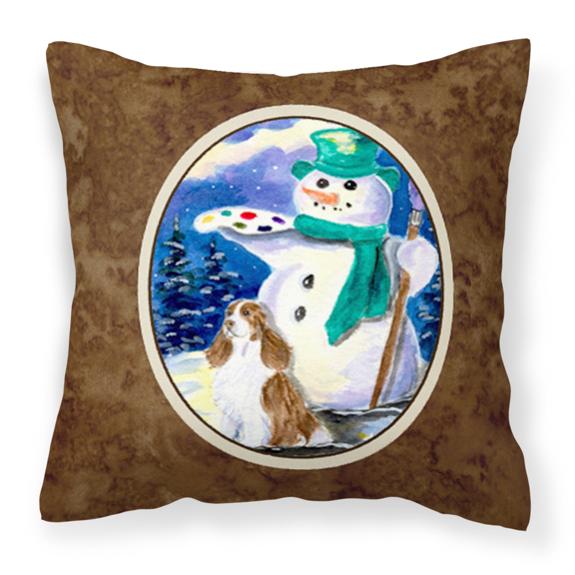 Carolines Treasures SS1001PW1414 Artist Snowman with Springer Spaniel Fabric Pillow, Large, Multicolor
