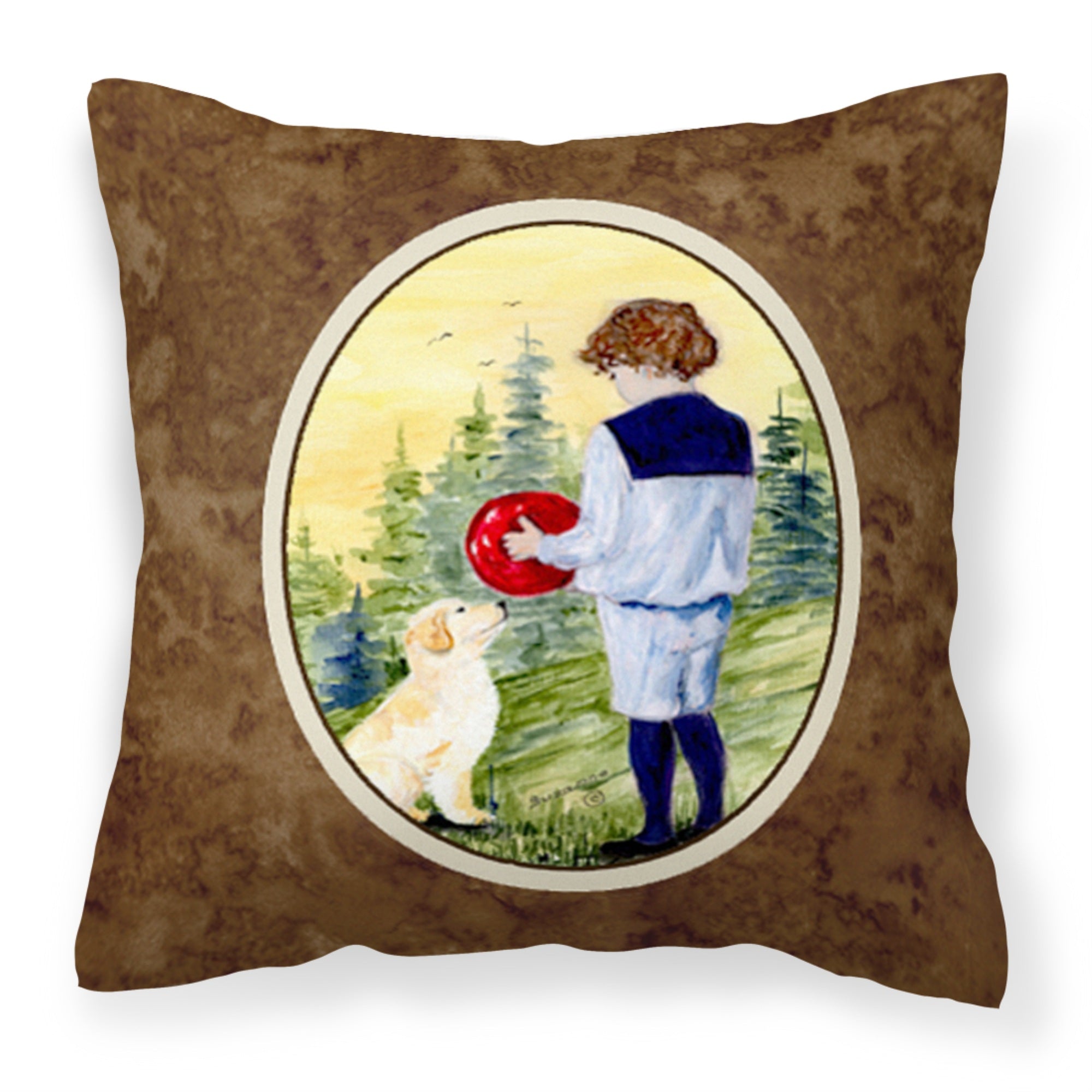 Carolines Treasures SS8530PW1414 Little Boy with his Golden Retriever Fabric Pillow, Large, Multicolor