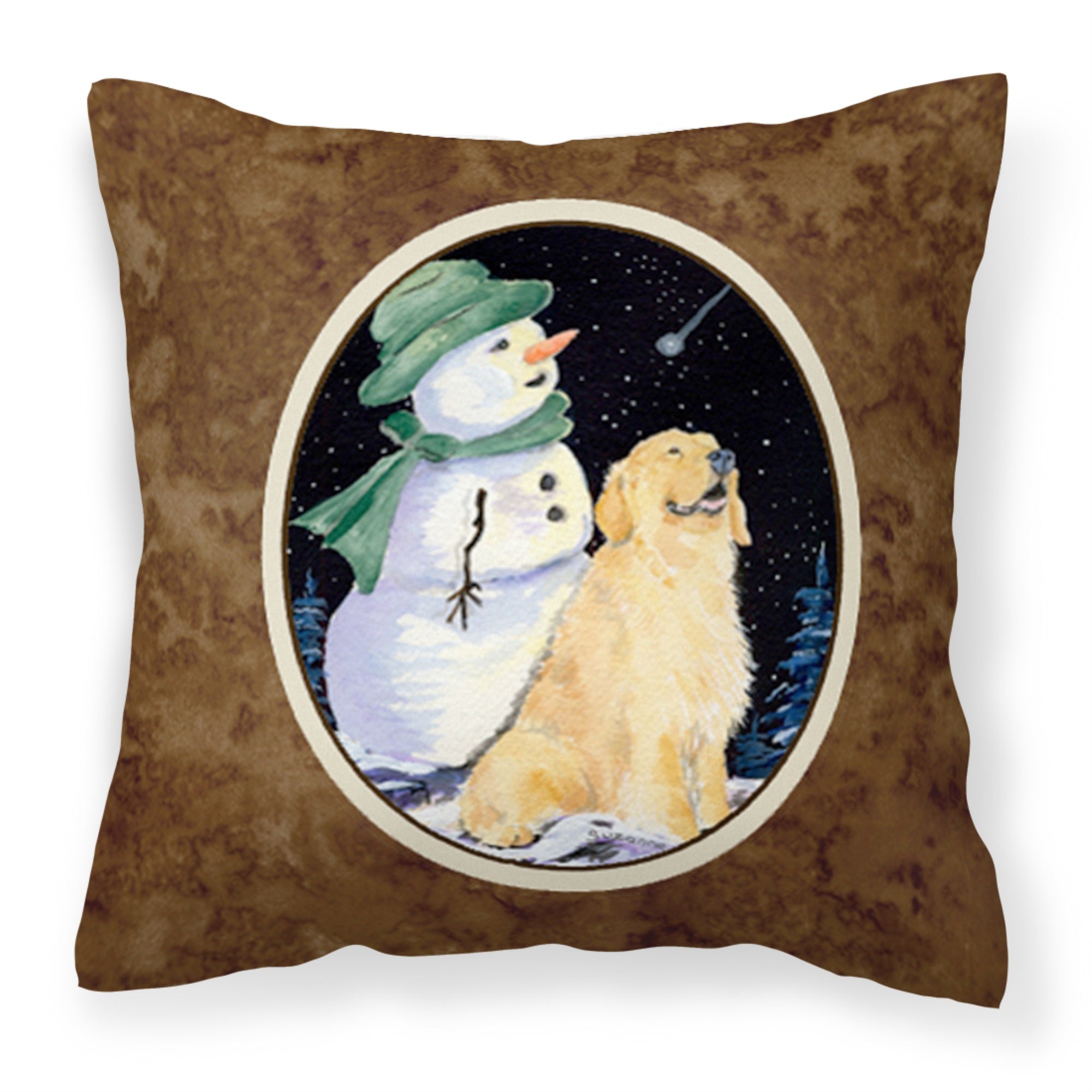 Carolines Treasures SS8577PW1414 Golden Retriever with Snowman in Green Hat Pillow, Large, Multicolor