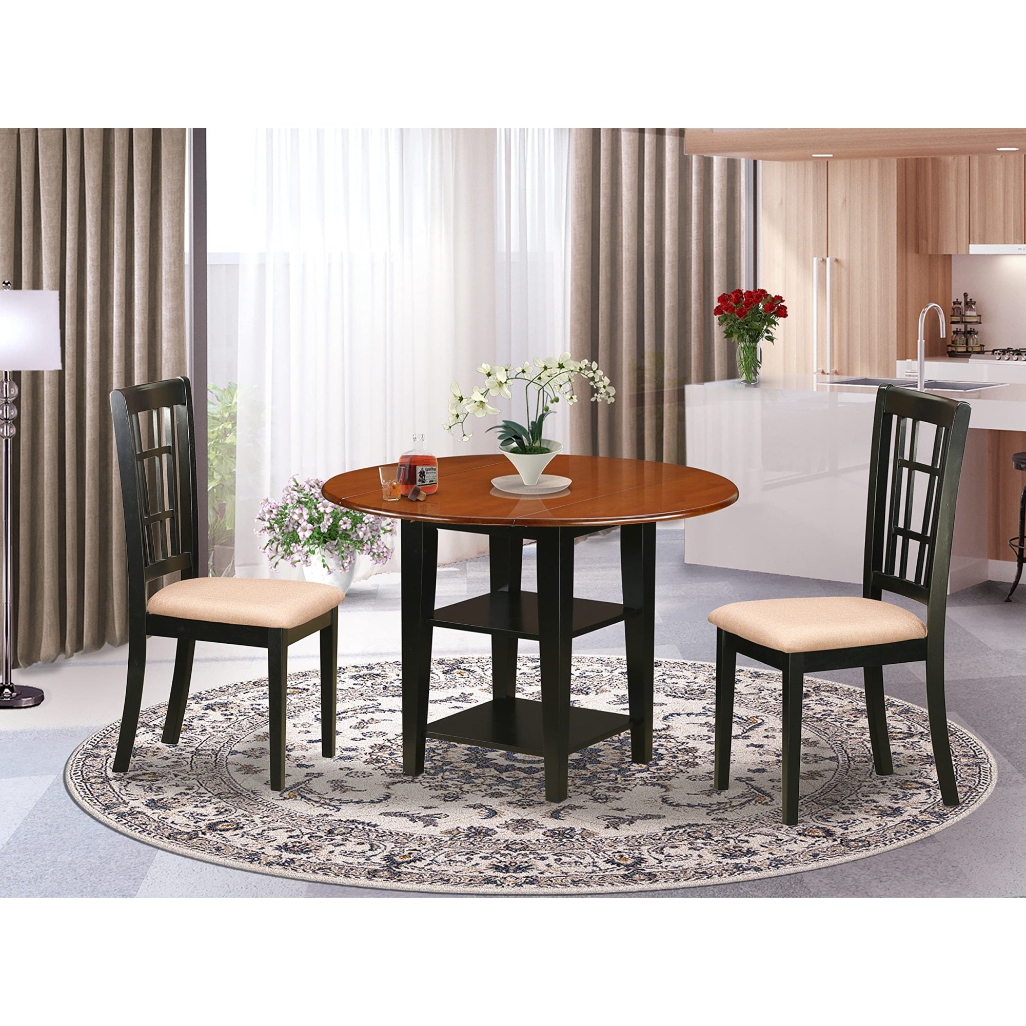SUNI3-BCH-C 3 Piece Sudbury Set With One Round Dinette Table And Two Dinette Chairs With Cushion Seat In A Rich Black and Cherry