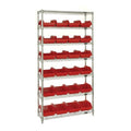 Bin System Unit, stationary, includes: (4) posts, (7) wire shelves and (24) 18-1/2L x 8-3/8W x 7H red bins (QP1887), chrome plat