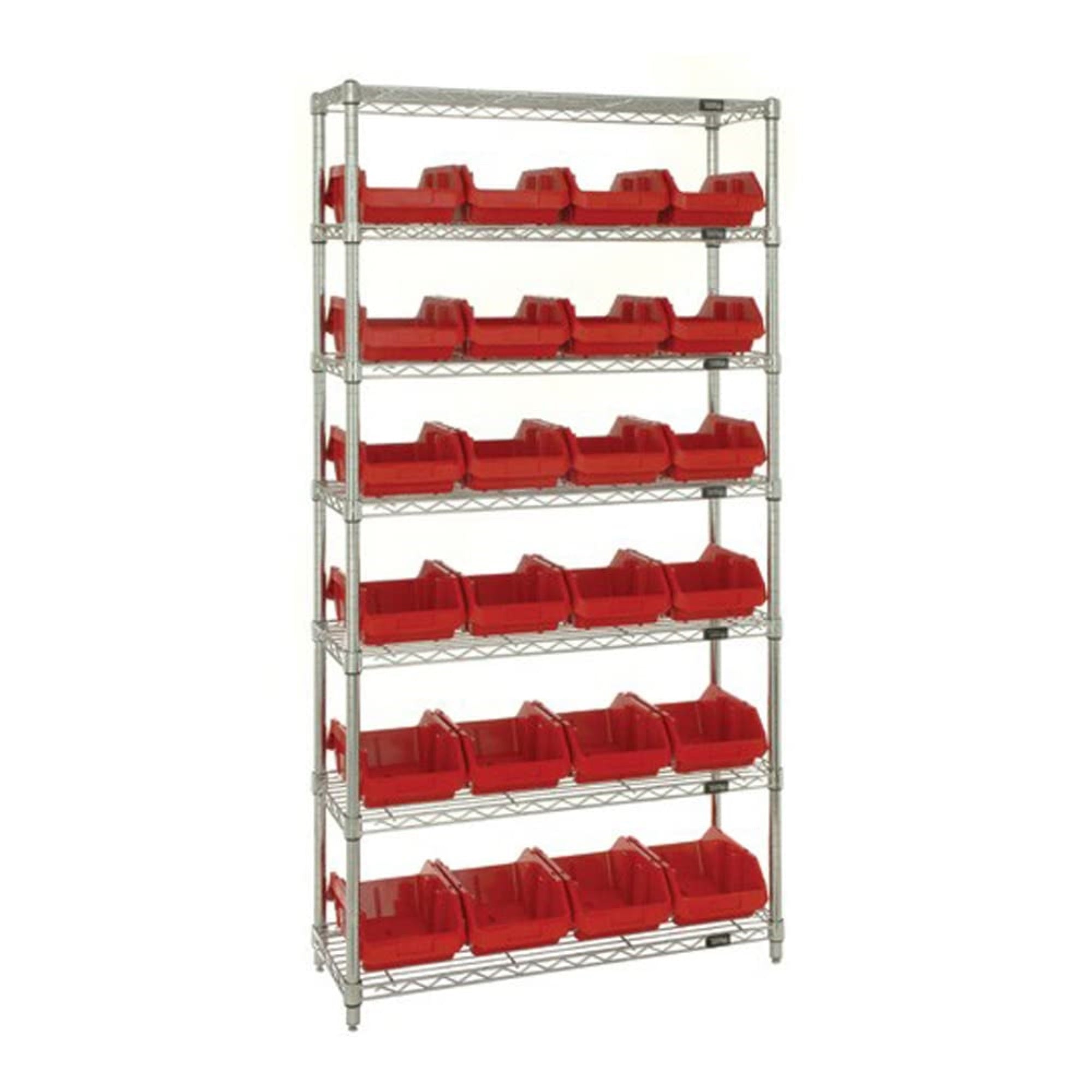 Bin System Unit, stationary, includes: (4) posts, (7) wire shelves and (24) 18-1/2L x 8-3/8W x 7H red bins (QP1887), chrome plat