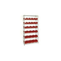 Bin System Unit, stationary, includes: (4) posts, (7) wire shelves, (10) 18-1/2L x 6-5/8W x 7H (QP1867) and (16) 18-1/2L x 8-3/8