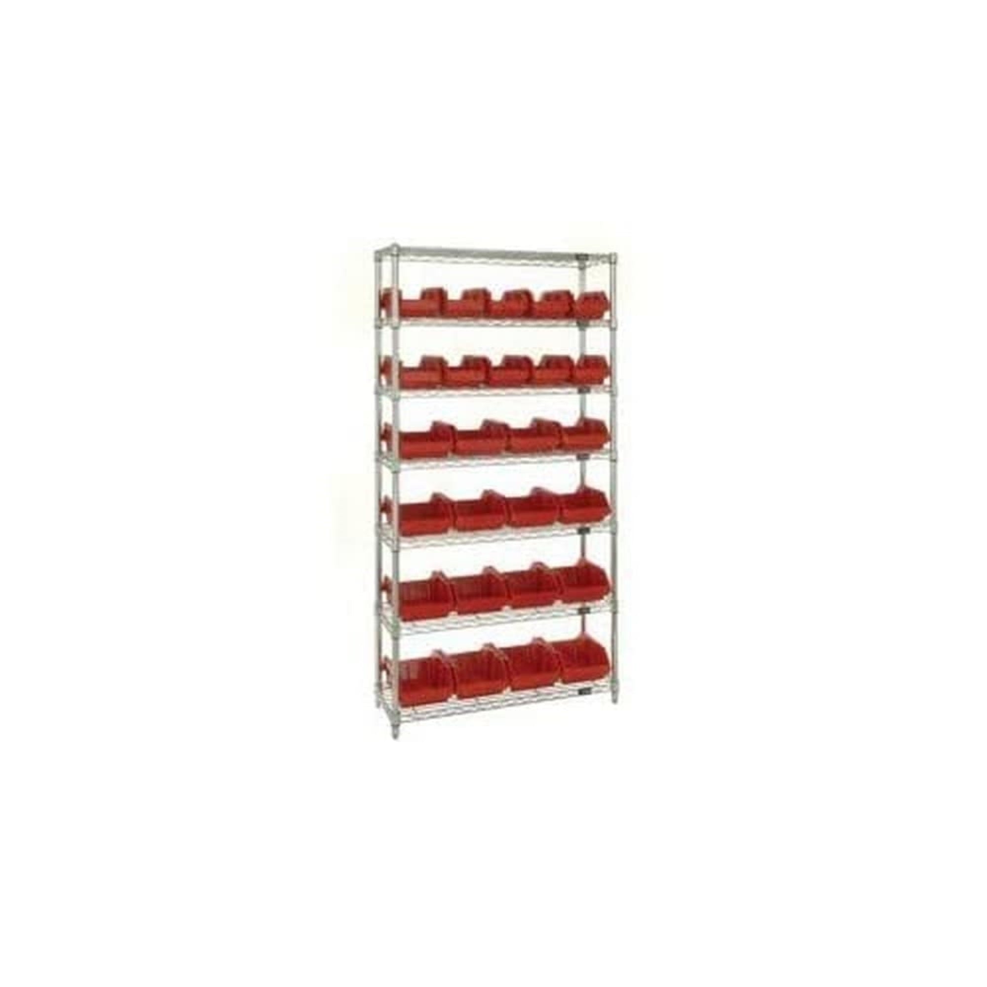 Bin System Unit, stationary, includes: (4) posts, (7) wire shelves, (10) 18-1/2L x 6-5/8W x 7H (QP1867) and (16) 18-1/2L x 8-3/8