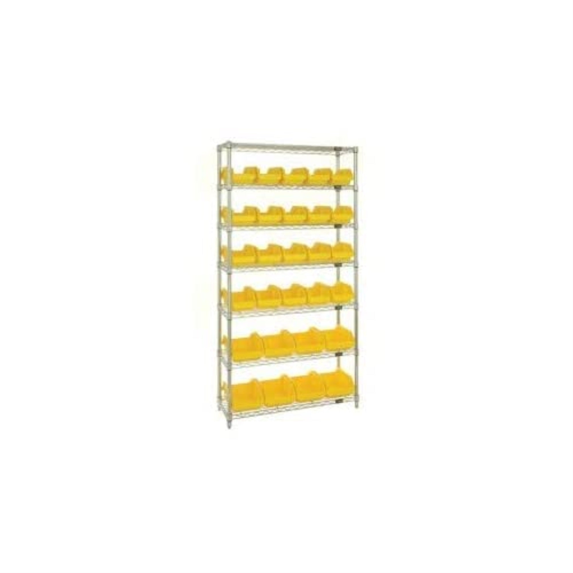 Bin System Unit, stationary, includes: (4) posts, (7) wire shelves, (20) 18-1/2L x 6-5/8W x 7H (QP1867) and (8) 18-1/2L x 8-3/8W