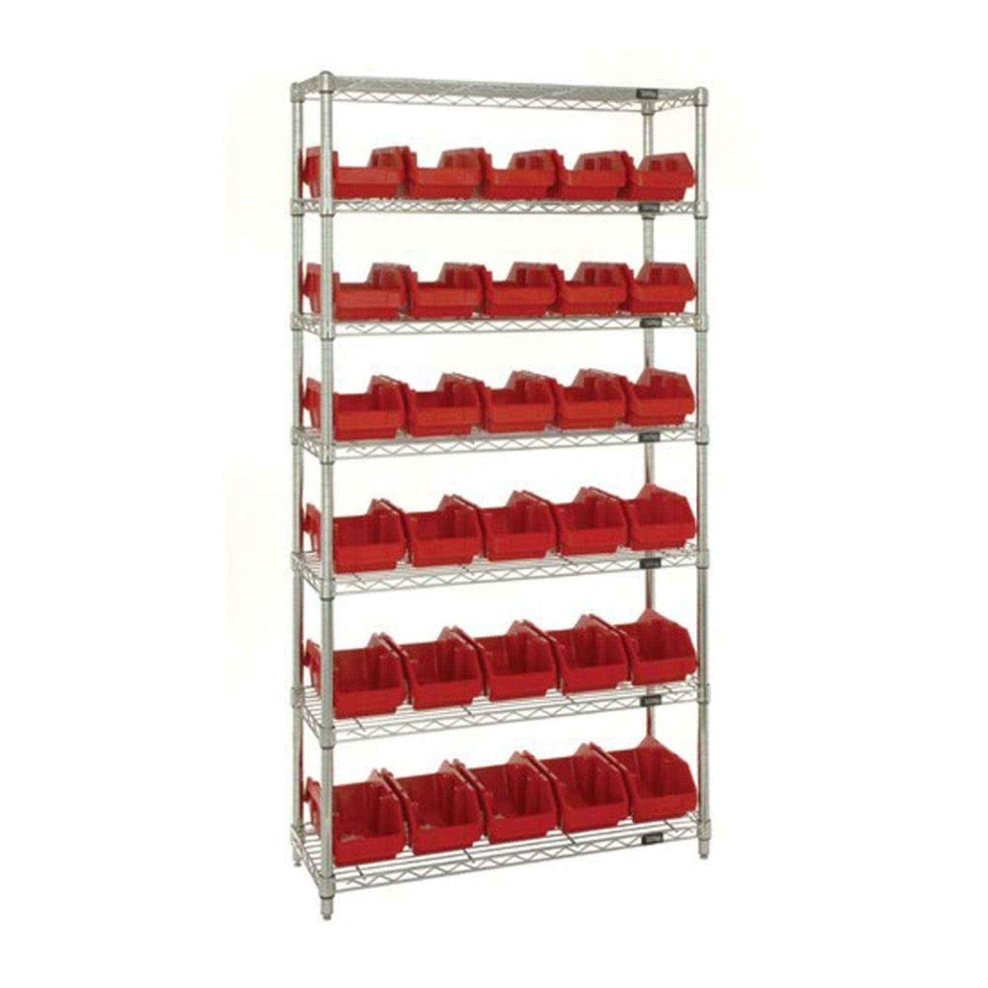 Bin System Unit, stationary, includes: (4) posts, (7) wire shelves and (30) 18-1/2L x 6-5/8W x 7H red bins (QP1867), chrome plat