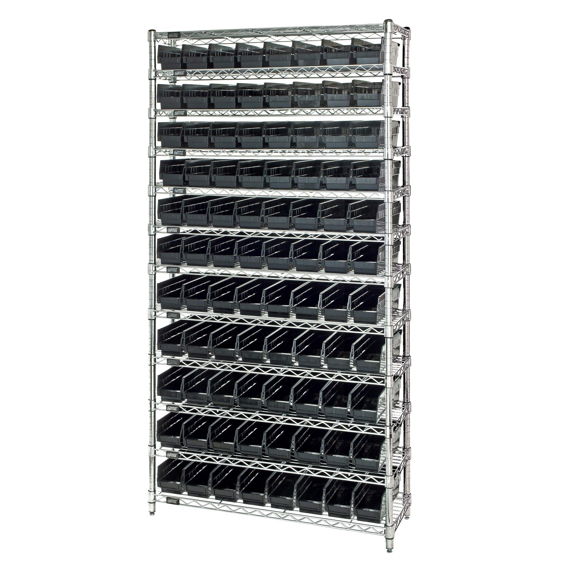 Bin Wire Shelving System, conductive, 36W x 12D x 74H overall size, 800 lb. capacity per shelf, includes: (12) wire shelves, (4)