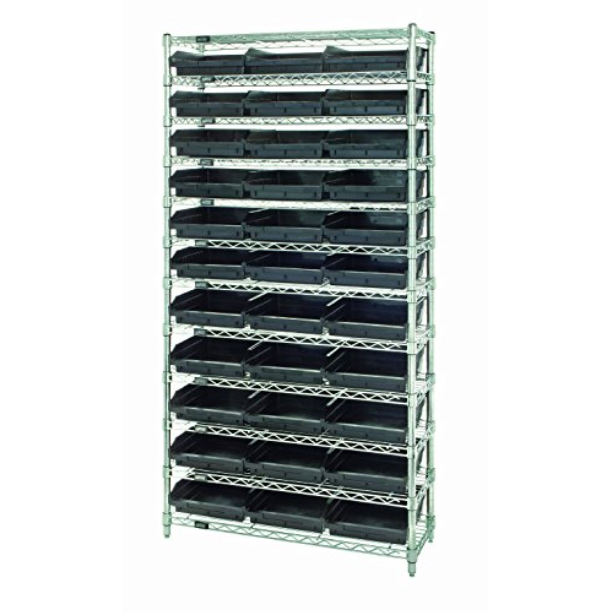 Bin Wire Shelving System, 36W x 24D x 74H overall size, 800 lb. capacity per shelf, includes: (12) wire shelves, (4) posts, and 