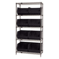 Bin Wire Shelving System, 42L x 18W x 74H, 800 lbs capacity per shelf, includes: (5) shelves and (8) QUS270 black bins, chrome p