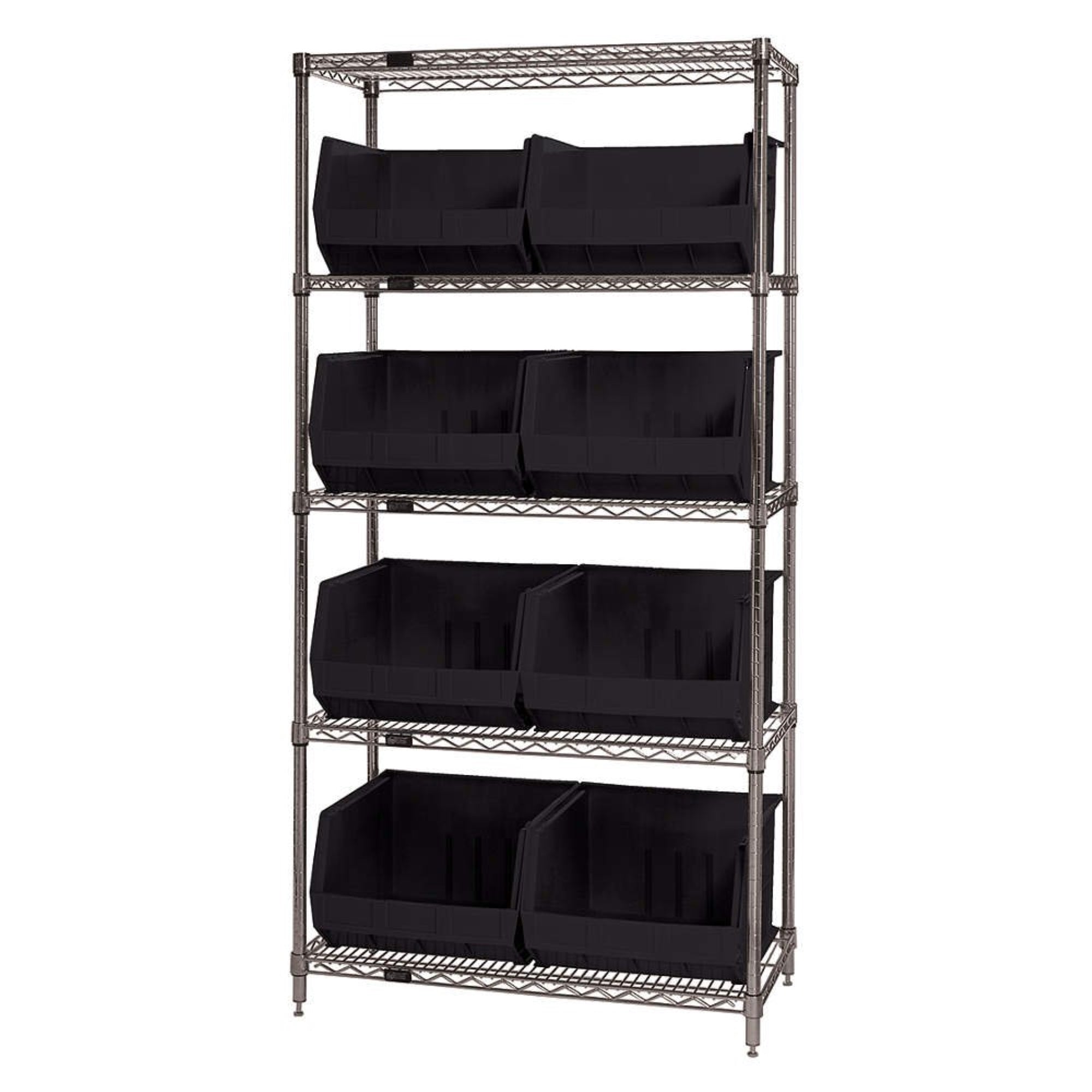 Bin Wire Shelving System, 42L x 18W x 74H, 800 lbs capacity per shelf, includes: (5) shelves and (8) QUS270 black bins, chrome p