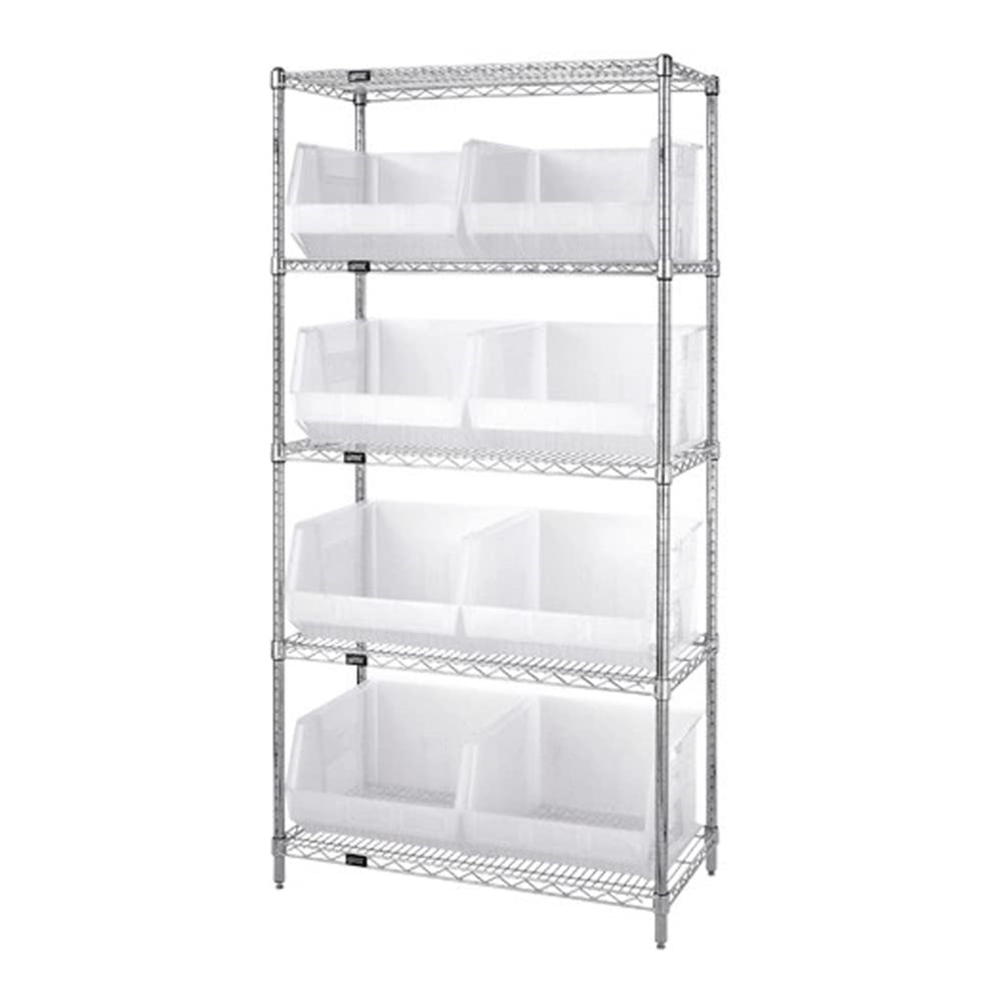 Bin Wire Shelving System, 42L x 18W x 74H, 800 lbs capacity per shelf, includes: (5) shelves and (8) QUS270 clear bins, chrome p