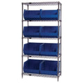 Bin Wire Shelving System, 42L x 18W x 74H, 800 lbs capacity per shelf, includes: (5) shelves and (8) QUS270 green bins, chrome p