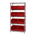 Bin Wire Shelving System, 42L x 18W x 74H, 800 lbs capacity per shelf, includes: (5) shelves and (8) QUS270 red bins, chrome pla